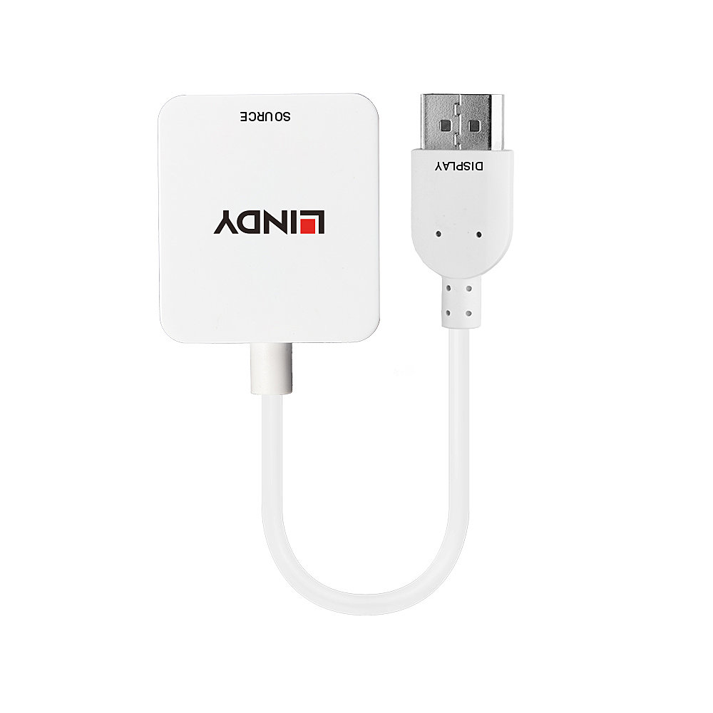 Weißer LINDY Adapter. Er hat einen USB-A-Anschluss und einen DisplayPort-Anschluss mit 'SOURCE' und 'DISPLAY'.