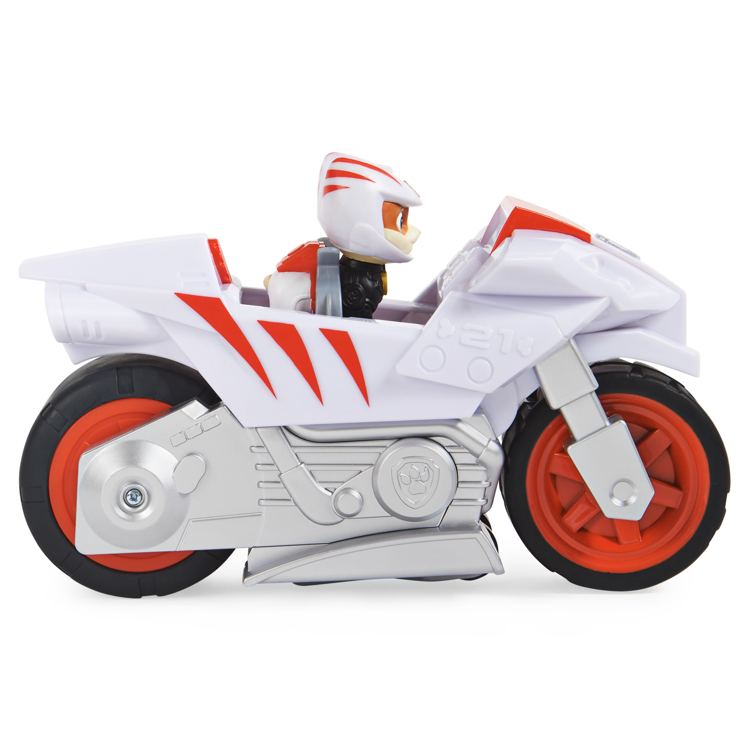 Weißes Spielzeugmotorrad mit orangen Rädern und roten Akzenten, mit einer Figur, die es fährt.