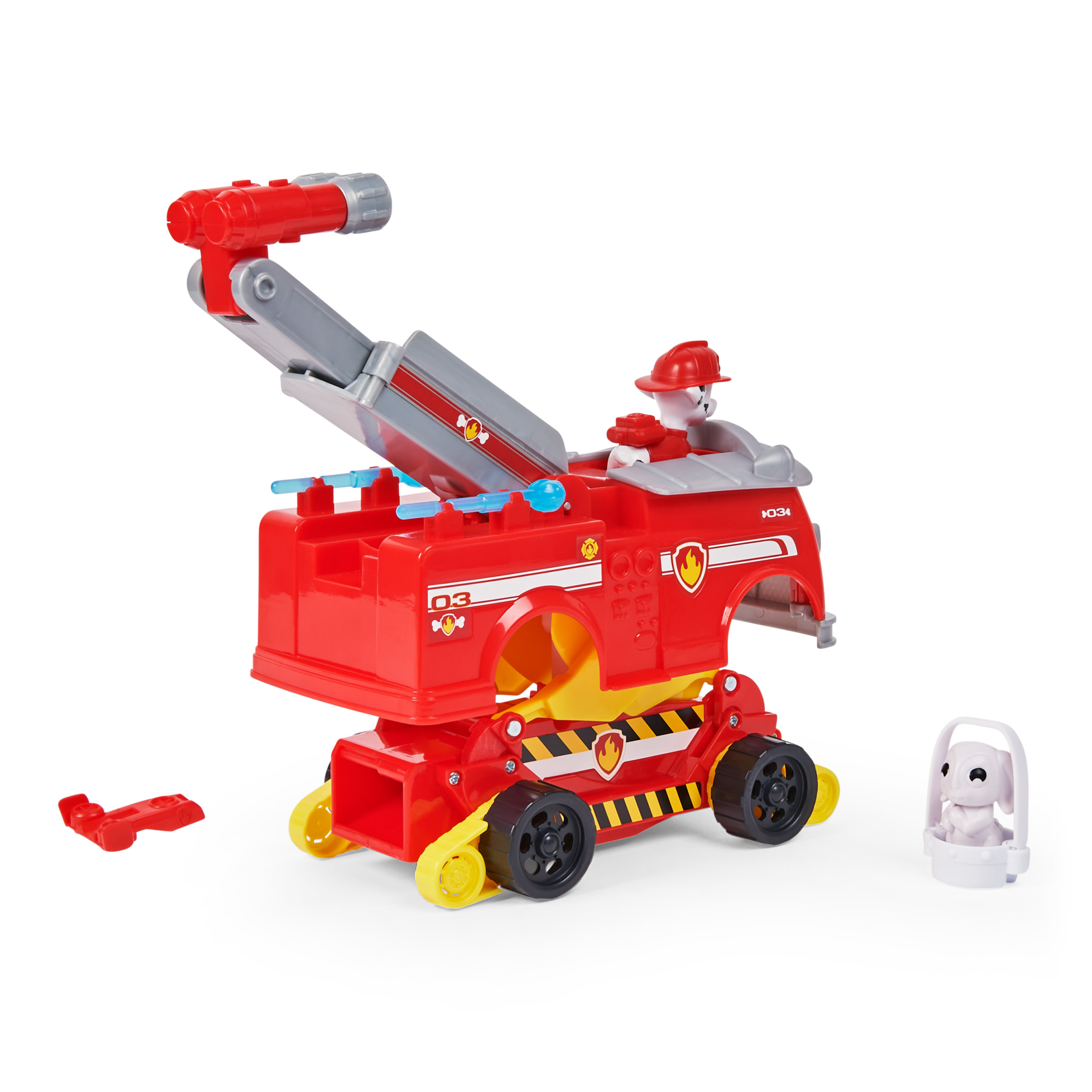 Roter Paw Patrol Feuerwehrauto Spielzeug mit Marshall-Figur. Enthält eine kleine Hundefigur in einem Käfig.