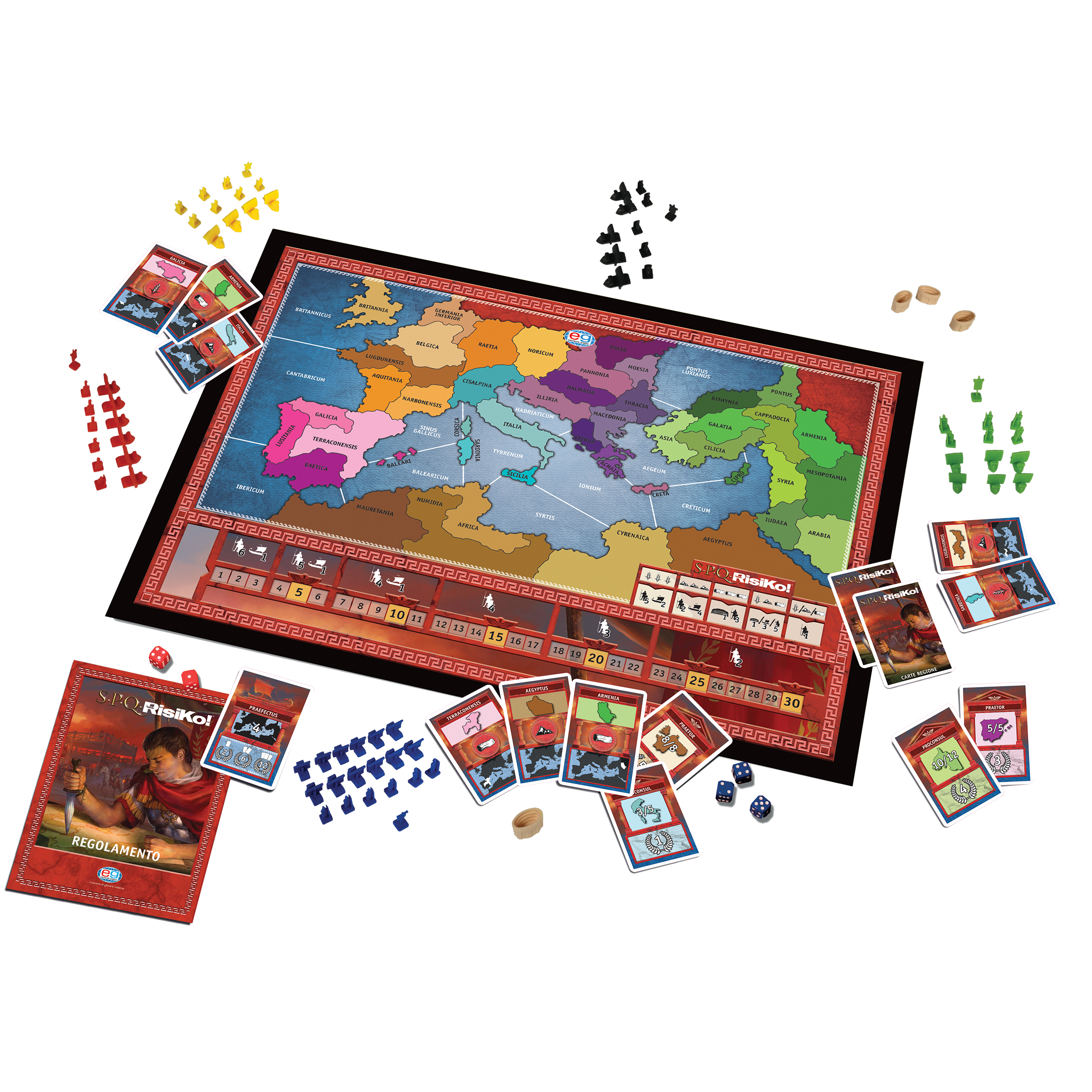 Risiko-Brettspiel mit Spielsteinen, Karten, Würfeln und Spielbrett mit Weltkarte.