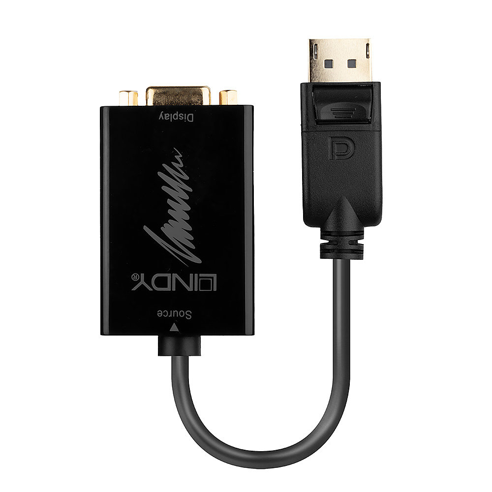 Un câble adaptateur DisplayPort vers VGA noir et orange. Le câble est enroulé.