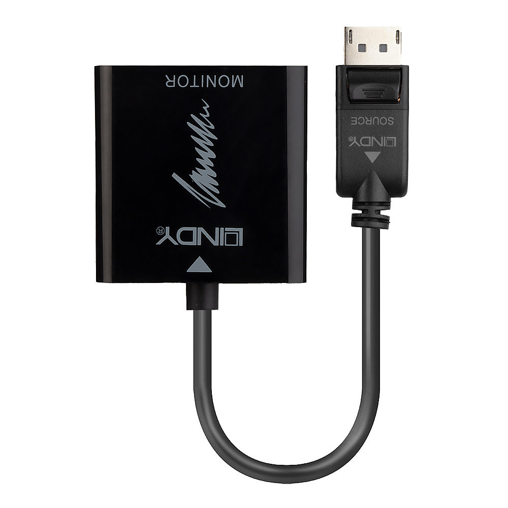 Ein schwarzes Lindy DisplayPort-zu-USB-C-Adapterkabel. Der Adapter hat die Beschriftungen 'Monitor' und 'Quelle'.