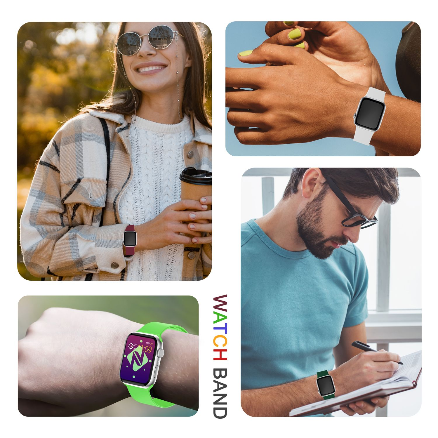 Vier Bilder von Personen mit Smartwatches. Die Smartwatches befinden sich an Handgelenken. Armbänder variieren.