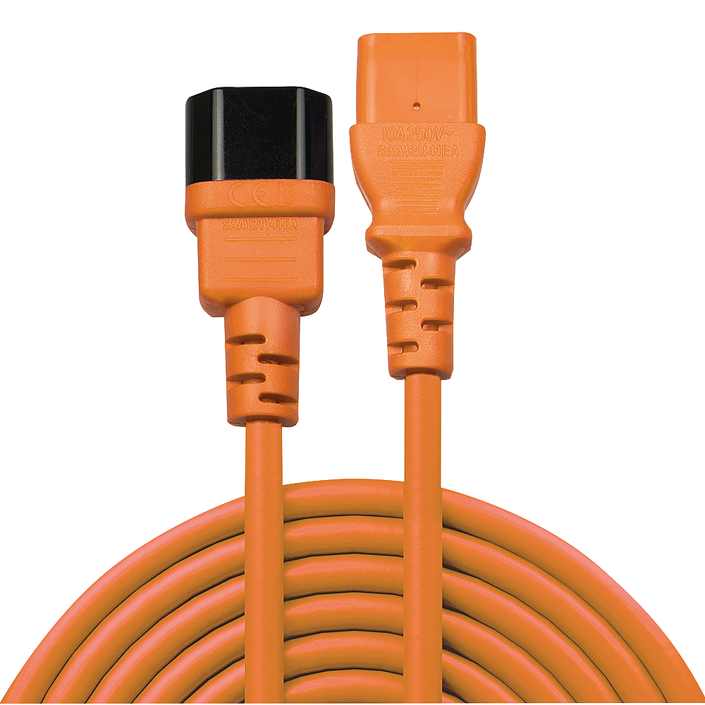 Two orange power cables with black ends. The cables are coiled and lie on a white background.