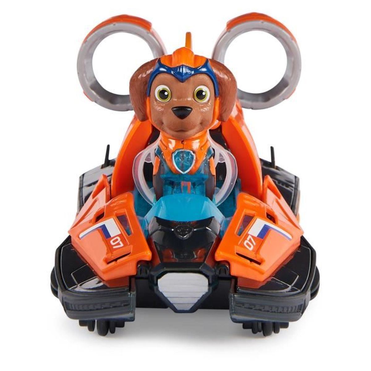 Orangenes und schwarzes Spielzeug-Luftkissenfahrzeug mit einer Hundefigur am Steuer. Propeller und andere Details sind sichtbar.
