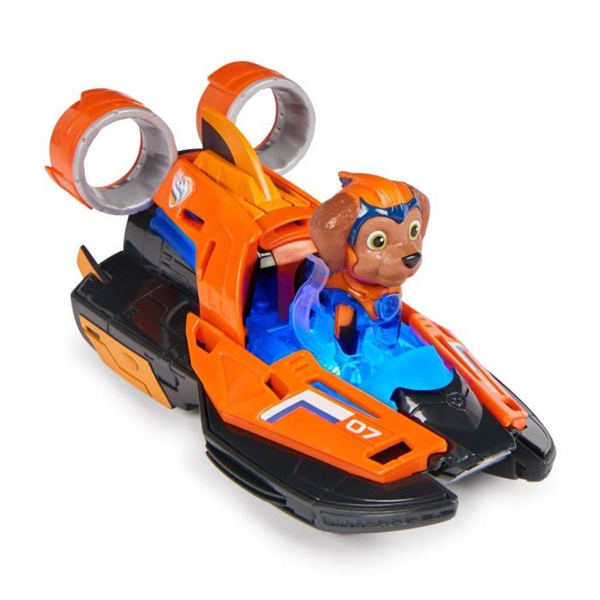 Spielzeugboot mit Hund am Steuer. Es ist orange und schwarz.