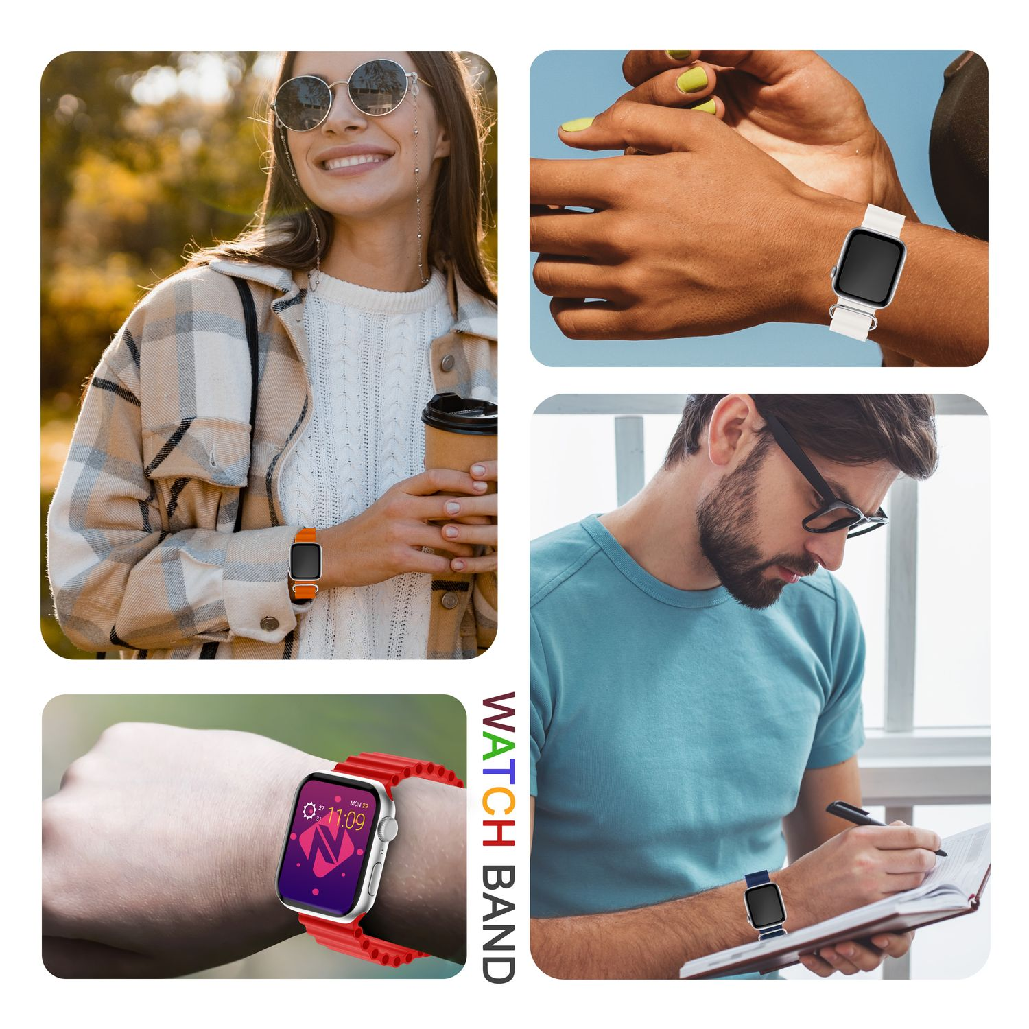 Vier Bilder, die Smartwatches an Handgelenken zeigen, mit verschiedenen Armbändern und Farbvariationen.