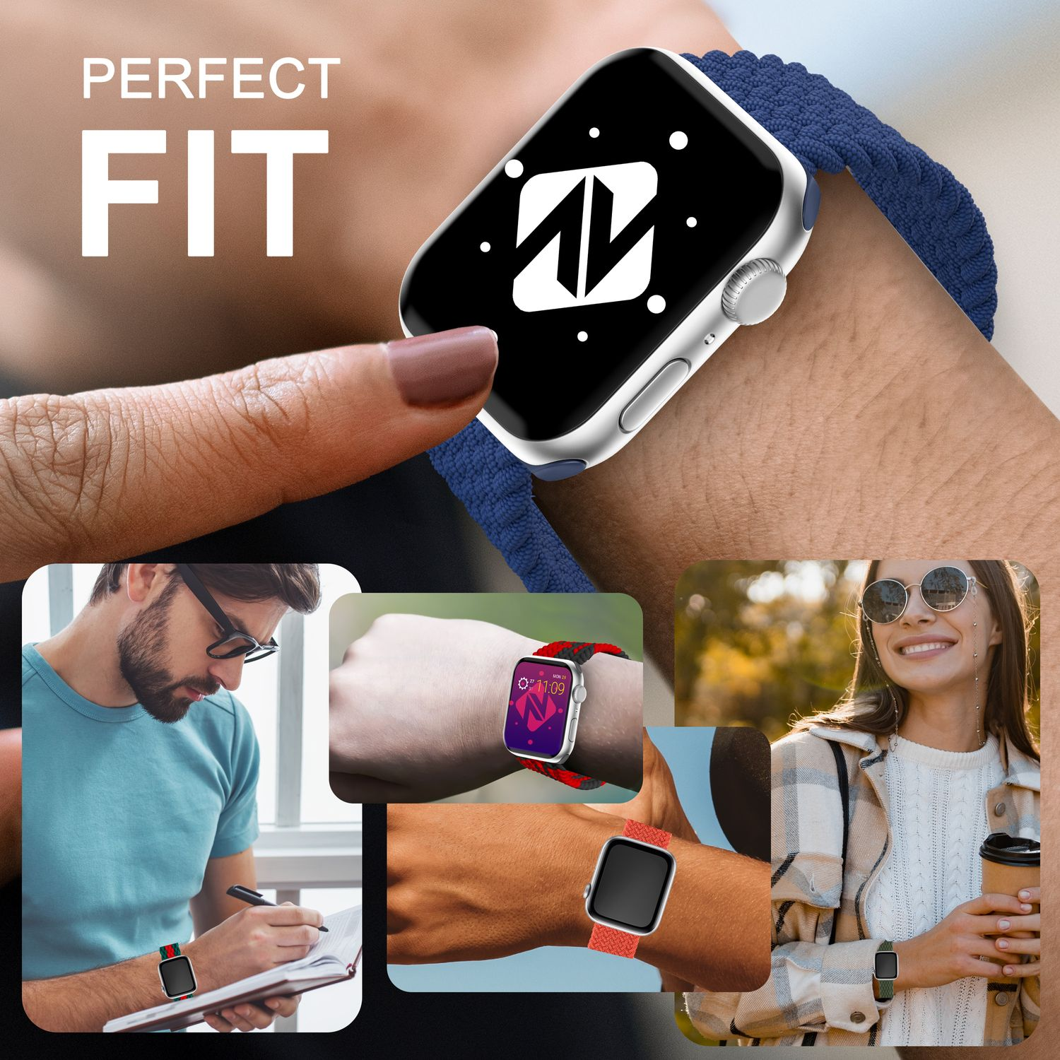 Eine Apple Watch am Handgelenk. Text lautet PERFEKTE PASSFORM. Andere Handgelenkaufnahmen werden gezeigt.