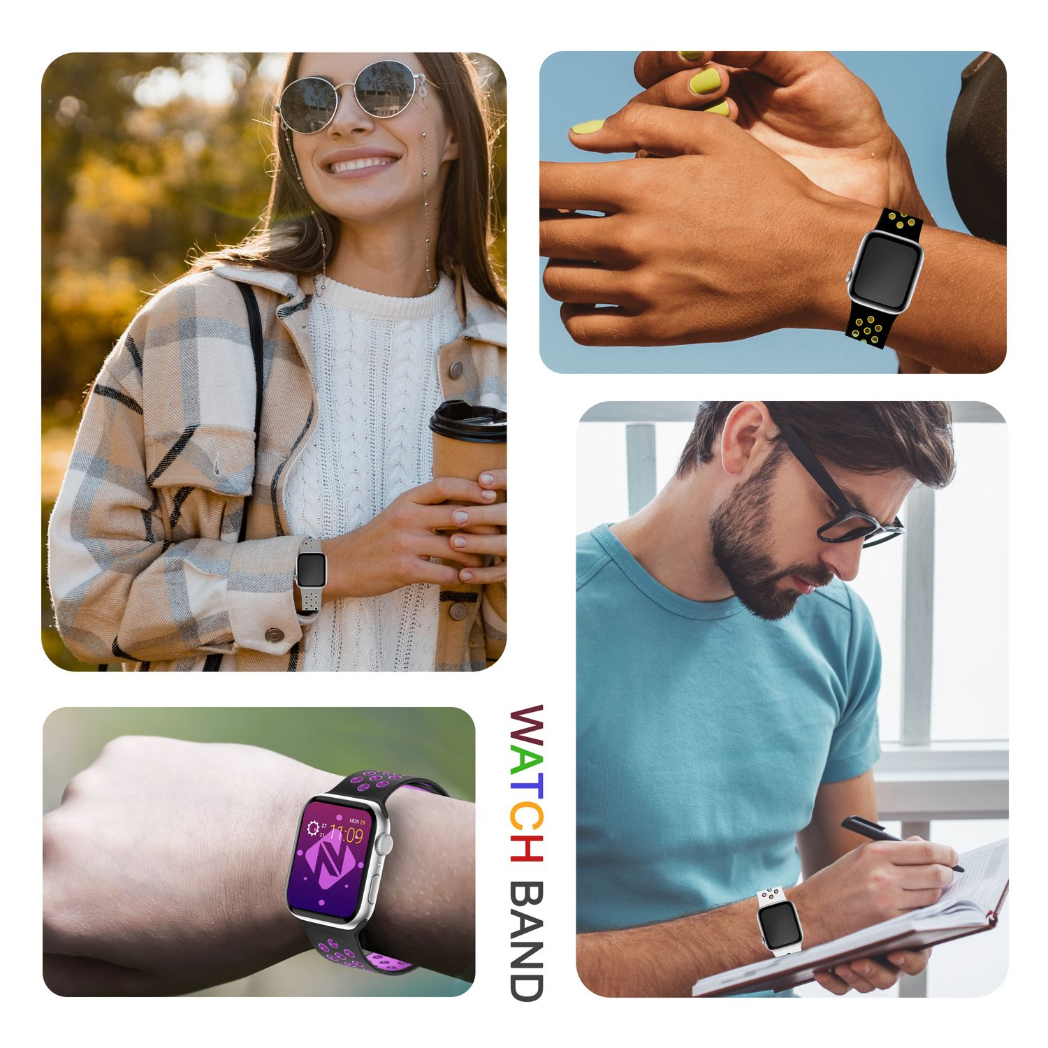 Collage von Personen, die Smartwatches mit verschiedenen Armbändern tragen.