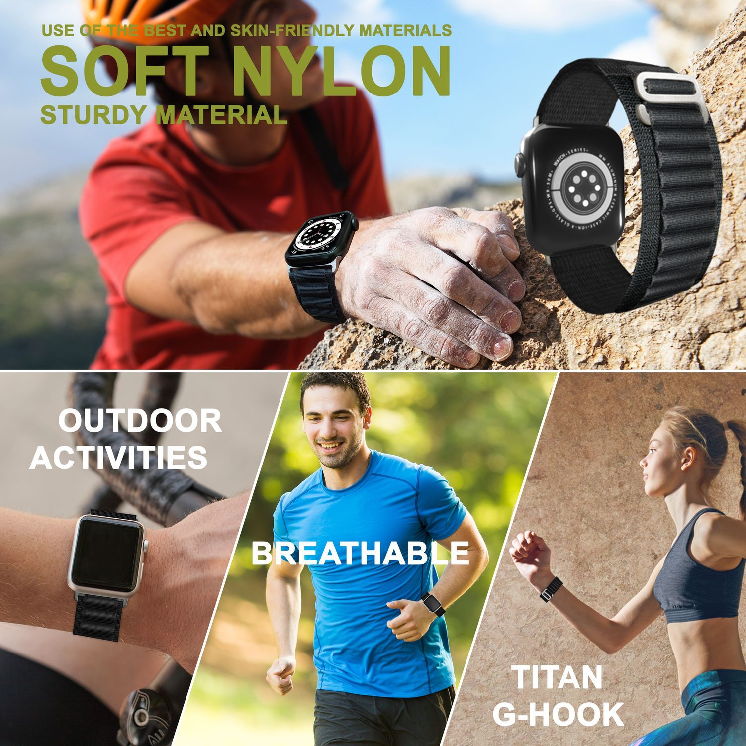 Bilder zeigen Uhrenarmbänder. Sie sind schwarz und weiß. Menschen tragen sie bei Outdoor-Aktivitäten.