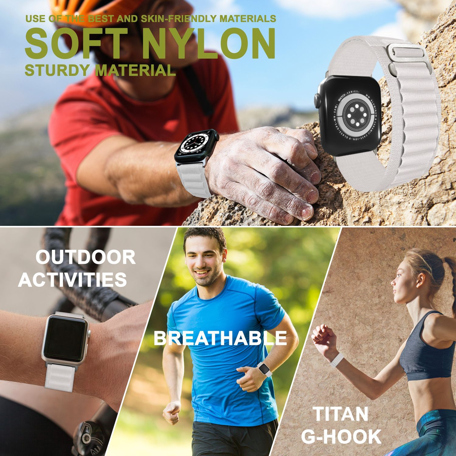 Bilder zeigen Uhrenarmbänder. Sie sind schwarz und weiß. Menschen tragen sie bei Outdoor-Aktivitäten.