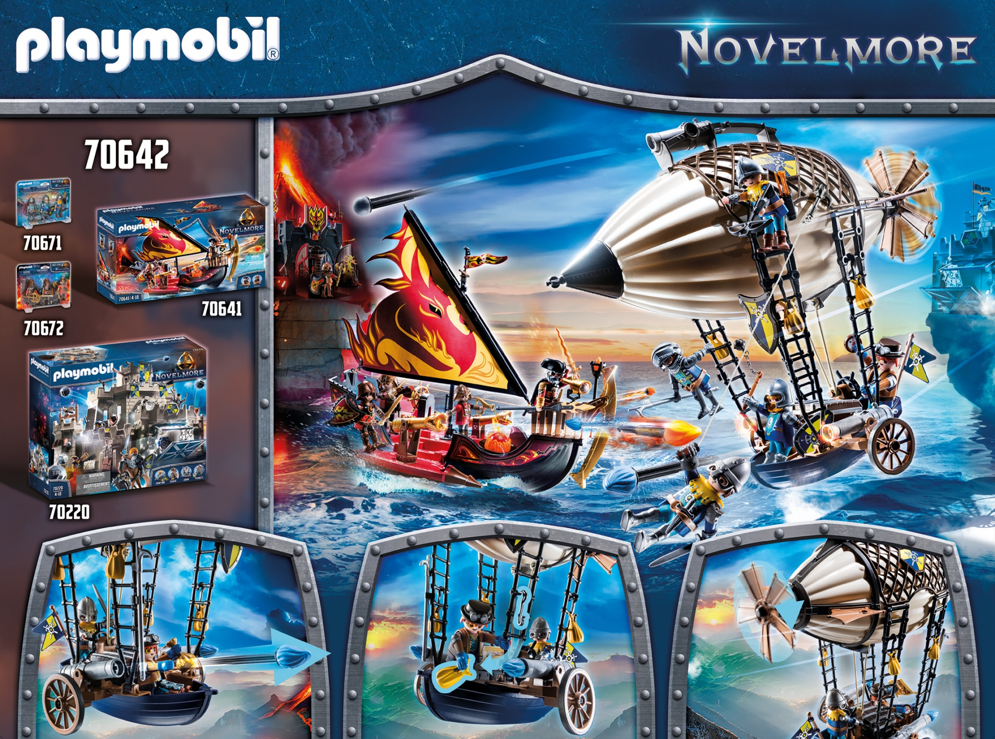 Set de caja Playmobil Novelmore. Representa un barco, figuras y una escena de castillo.