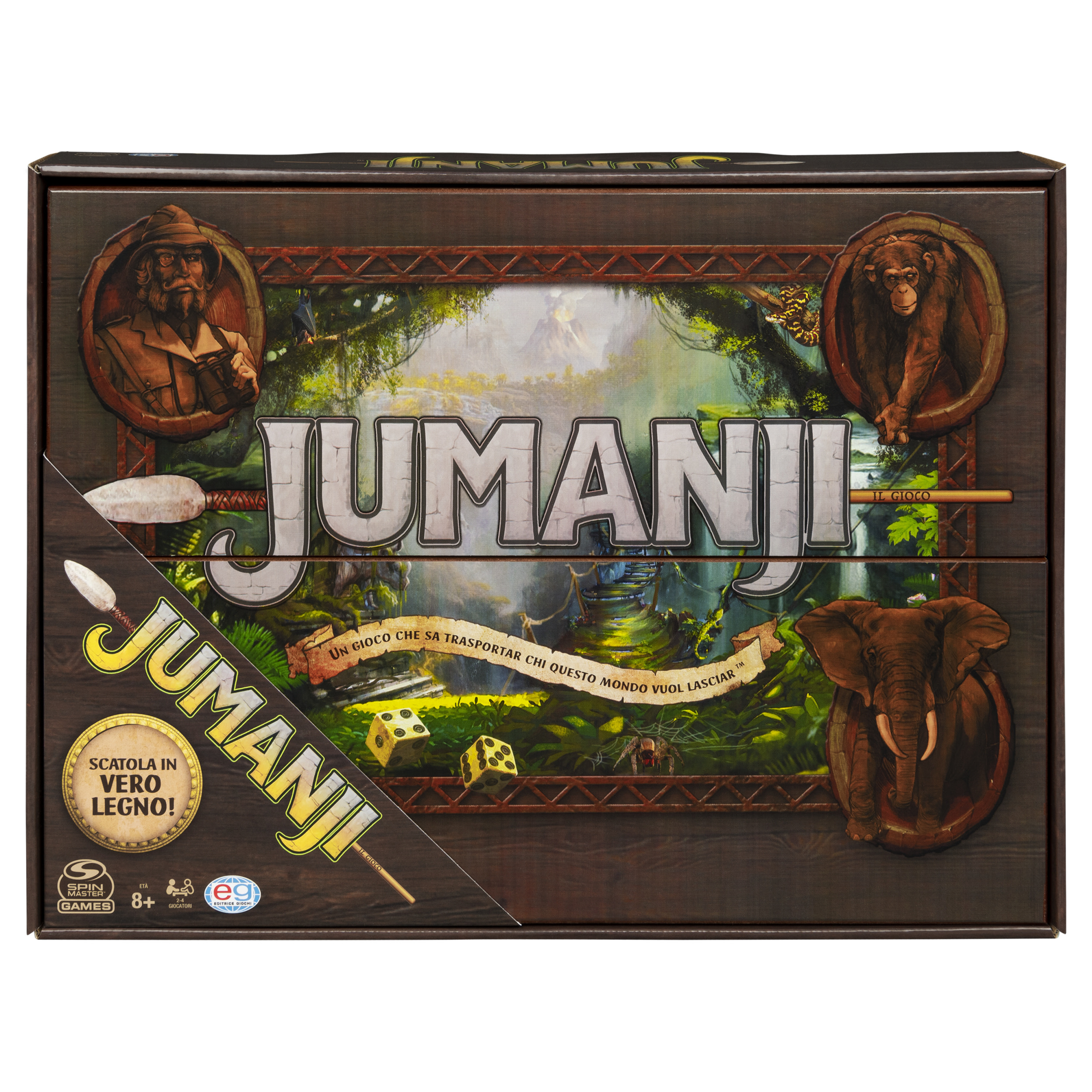 Jumanji-Spielbox. Es zeigt eine Dschungelszene mit Bildern eines Mannes, eines Affen und eines Elefanten.
