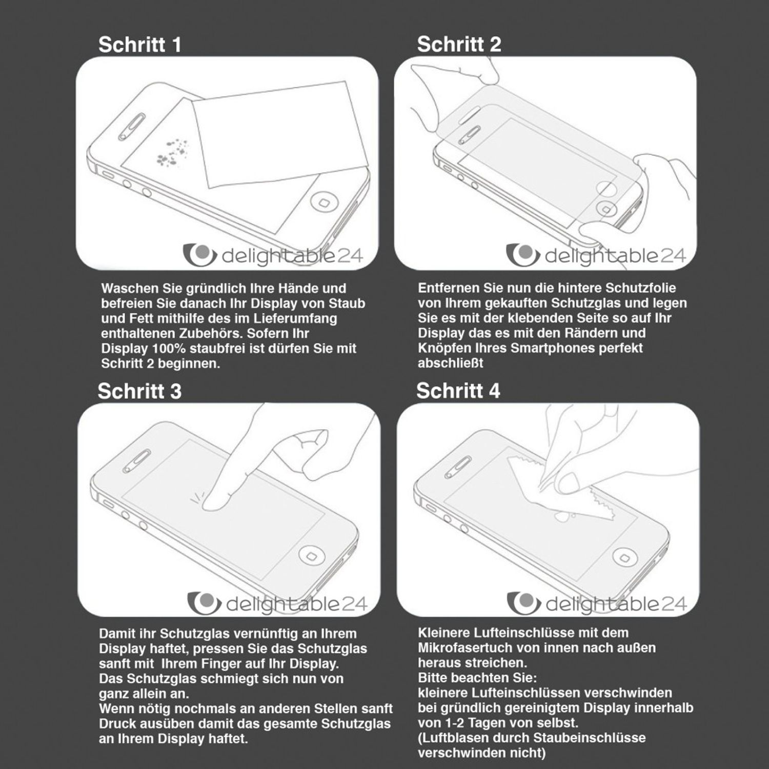 Quatre images montrent comment appliquer un protecteur d'écran sur un téléphone. Instructions en allemand.
