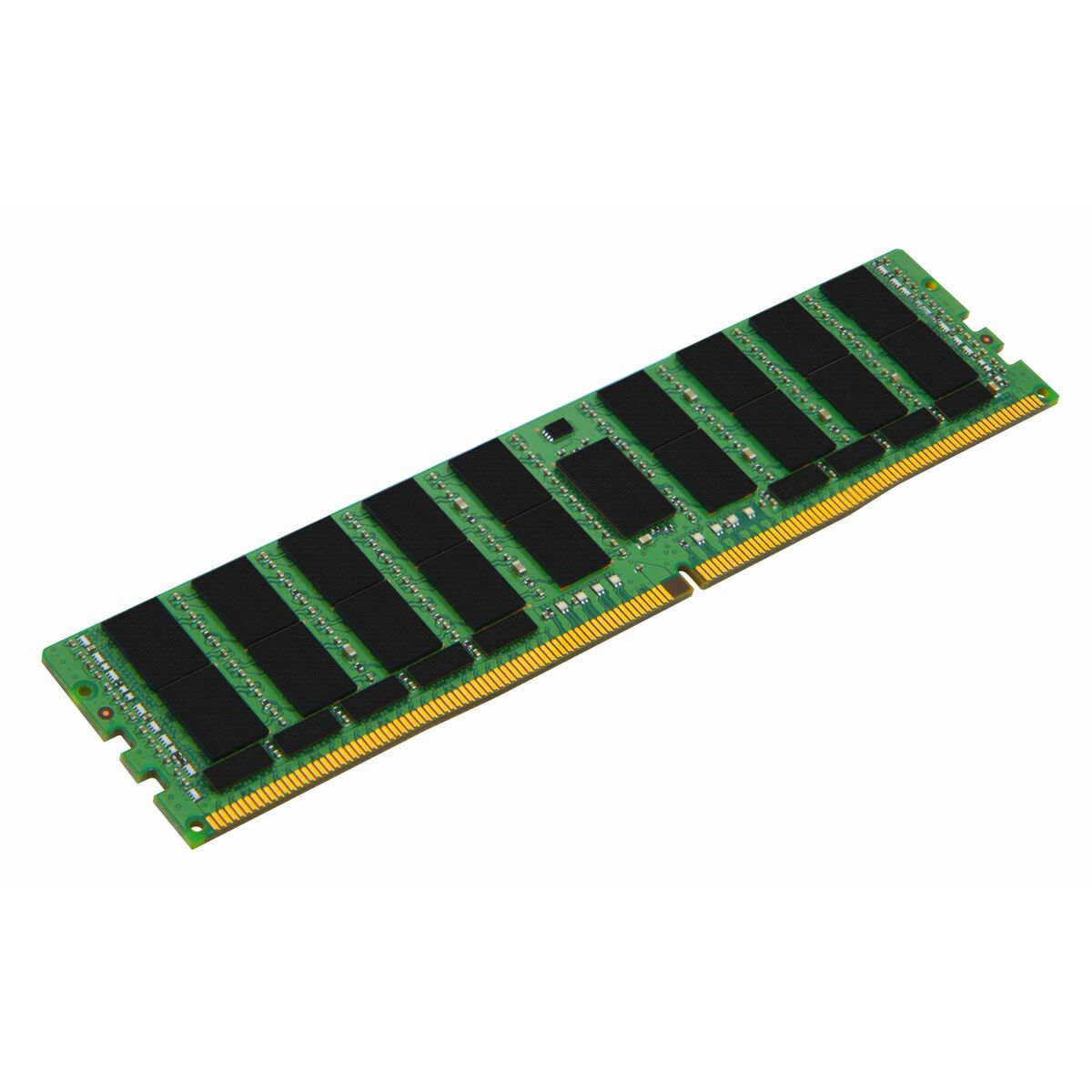 Modulo RAM con chip neri su circuito stampato verde, isolato su sfondo bianco.