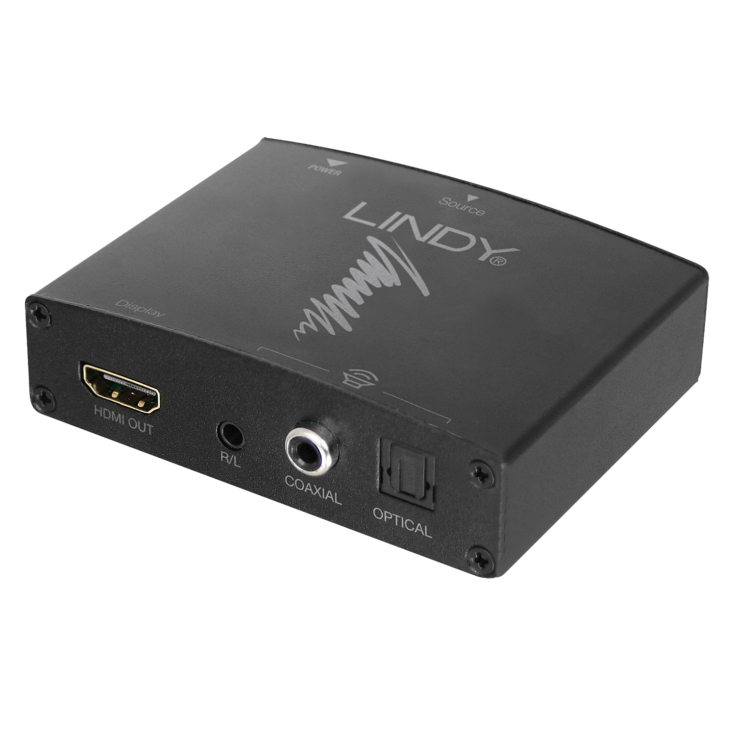 Schwarze LINDY-Box mit HDMI-, R/L-, Koaxial-, optischen Anschlüssen und Stromeingang.