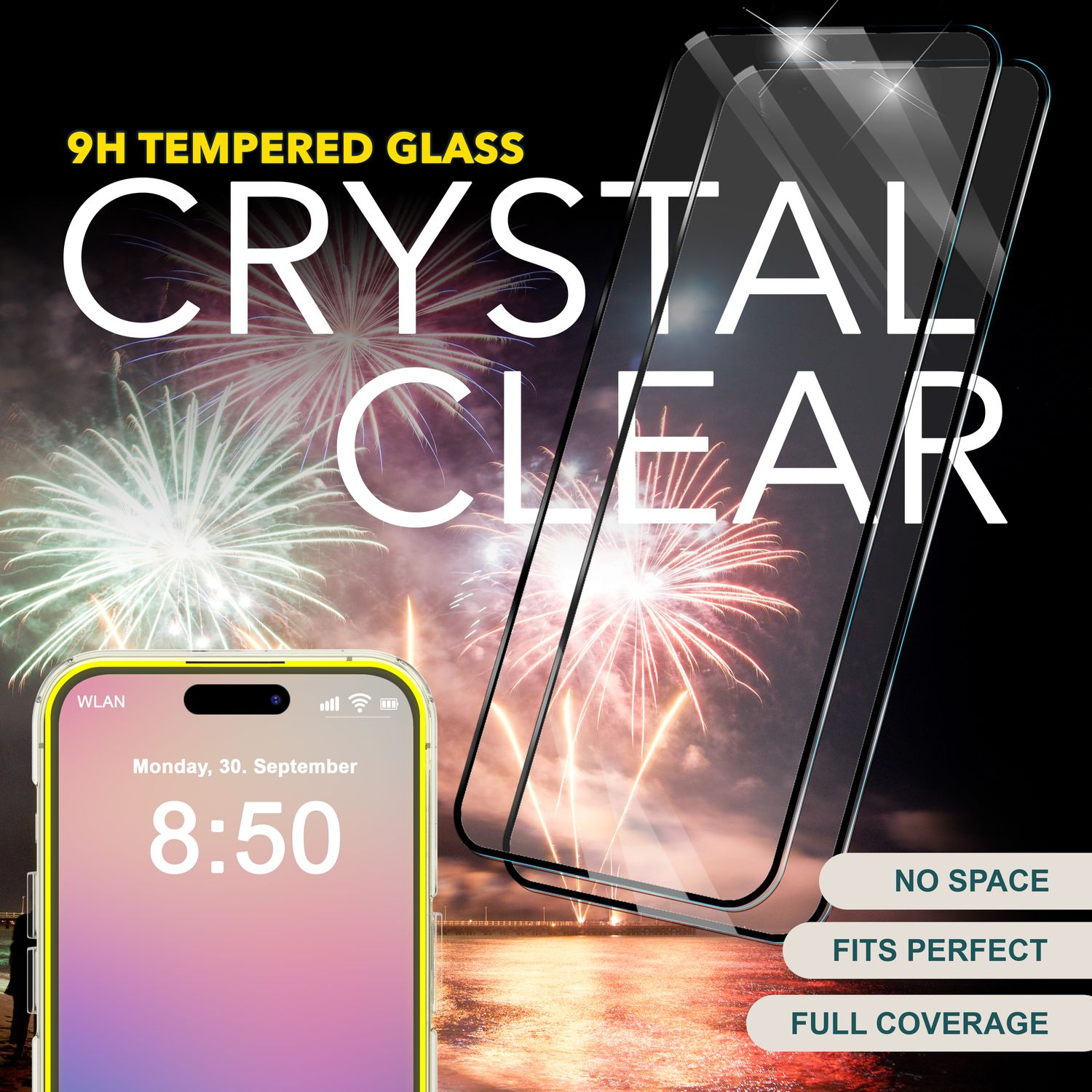 Telefon mit Feuerwerk, Displayschutzfolie und Text: Crystal Clear.