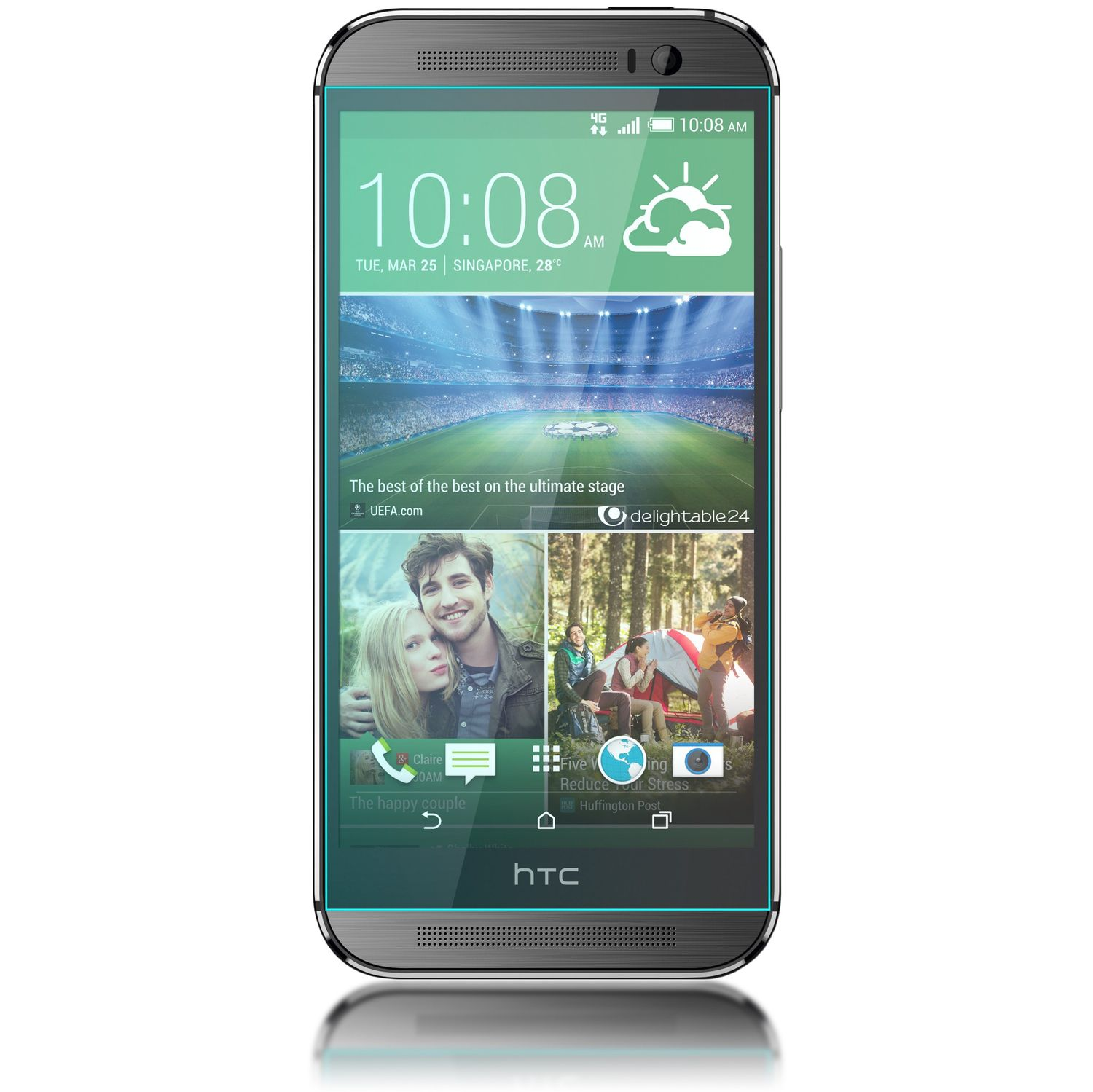Schwarzes HTC-Telefon, das einen Bildschirm mit Text und Bildern anzeigt, geschützt durch eine Schutzfolie.