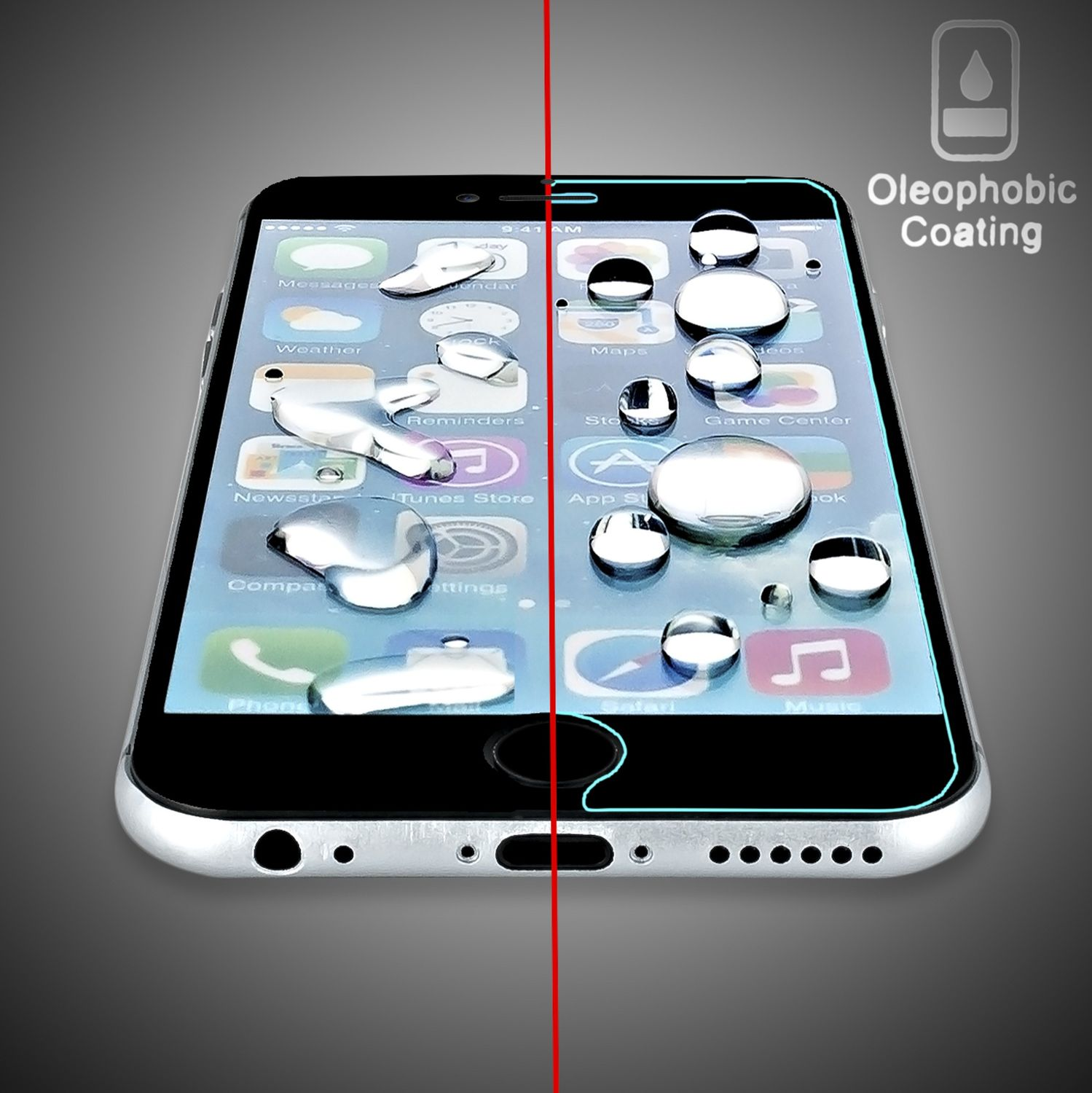 Écran de téléphone avec gouttelettes d'eau, divisé par une ligne rouge, et texte : Revêtement Oléophobe.