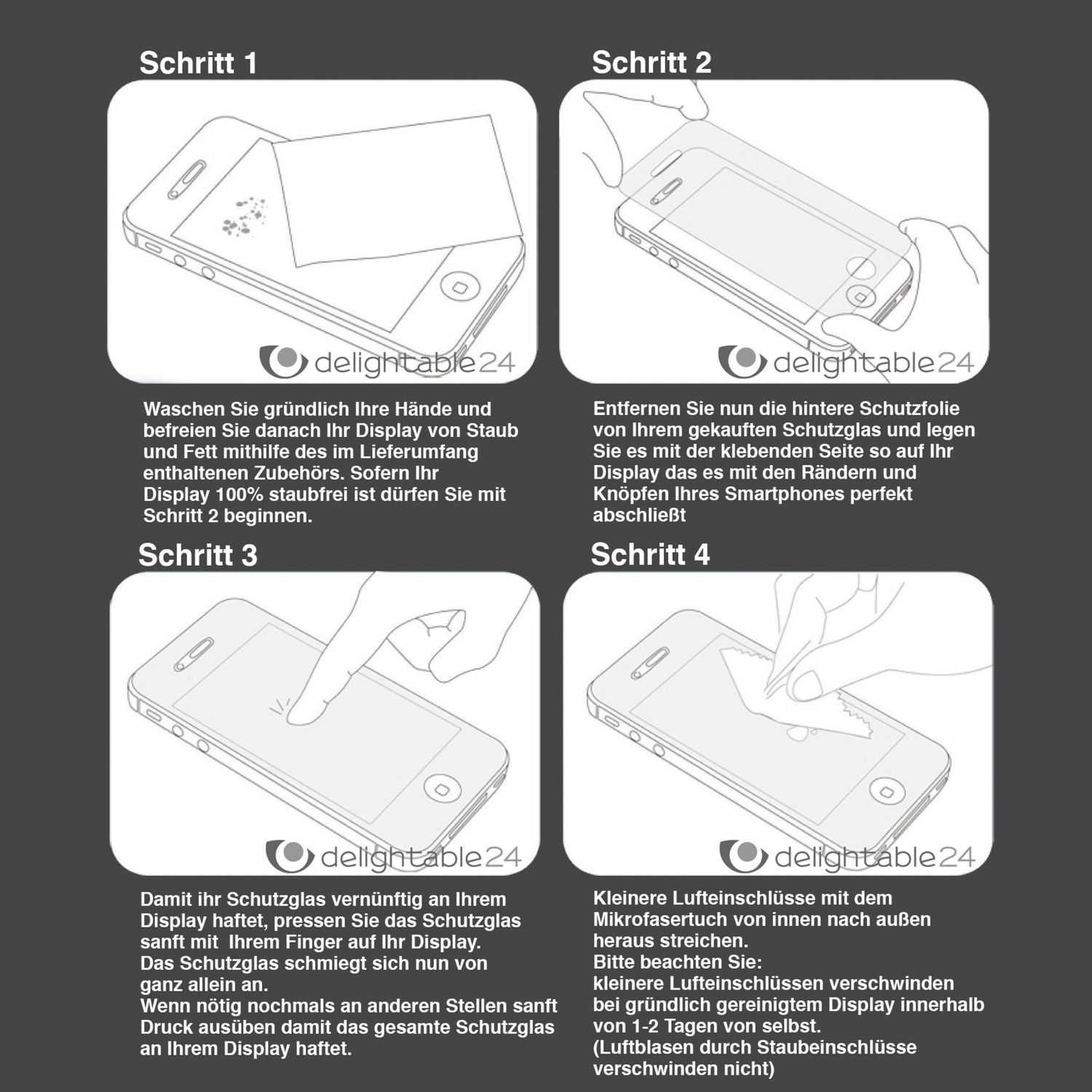 Instructions pour appliquer un protecteur d'écran. Étapes à l'écran.
