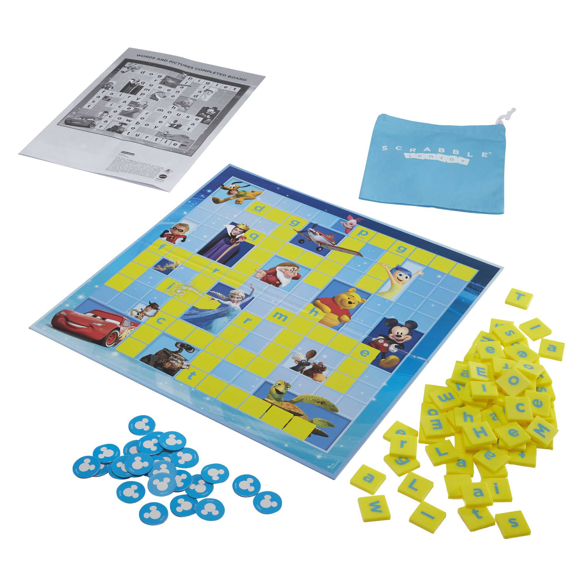 Disney Scrabble Brettspiel mit Disney-Figuren und Spielsteinen. Das Spiel enthält eine Tasche und ein Anleitungsblatt.