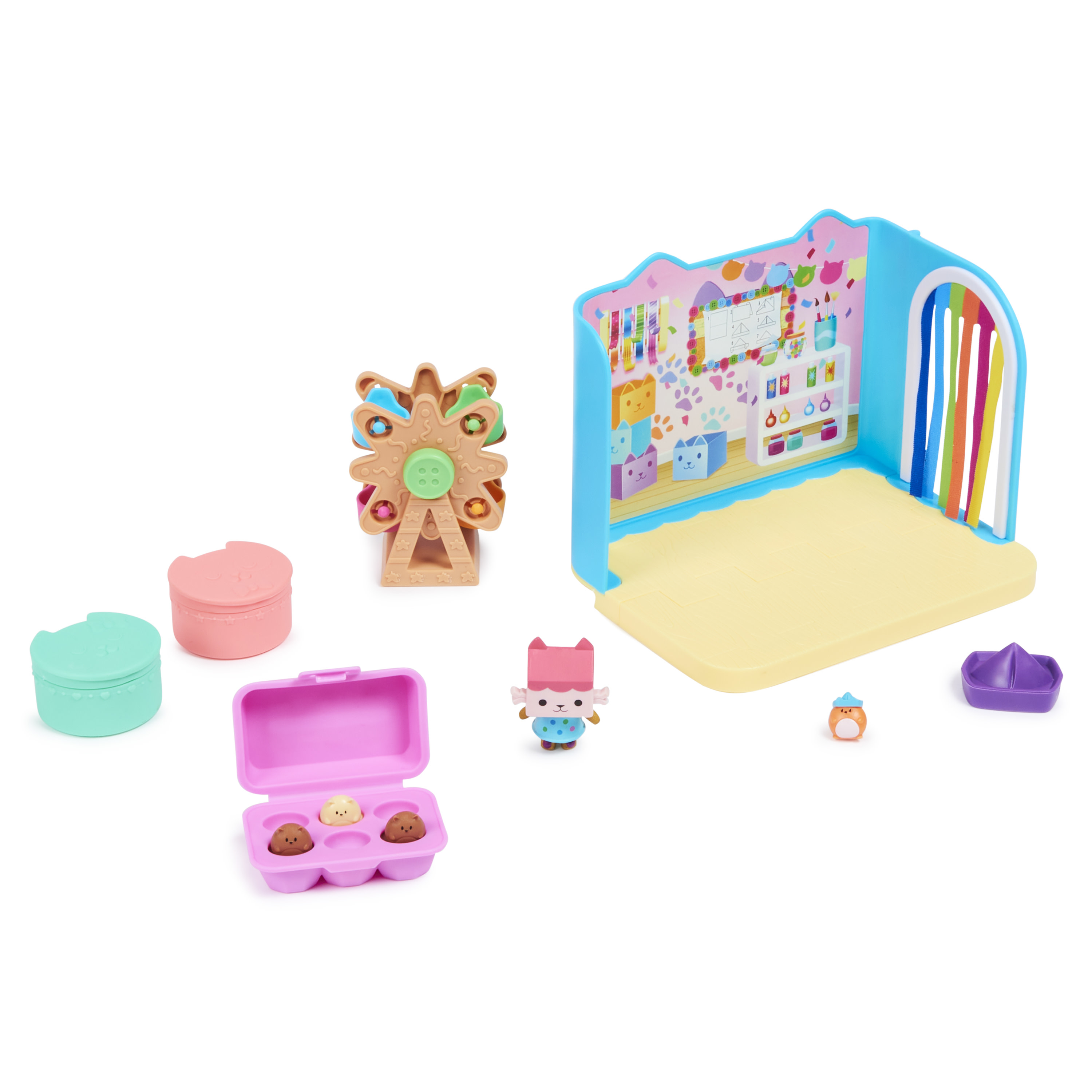 Ein Spielset mit Spielzeug-Riesenrad, Katzenfigur und anderem Zubehör. Die Szene ist eine farbenfrohe Umgebung.