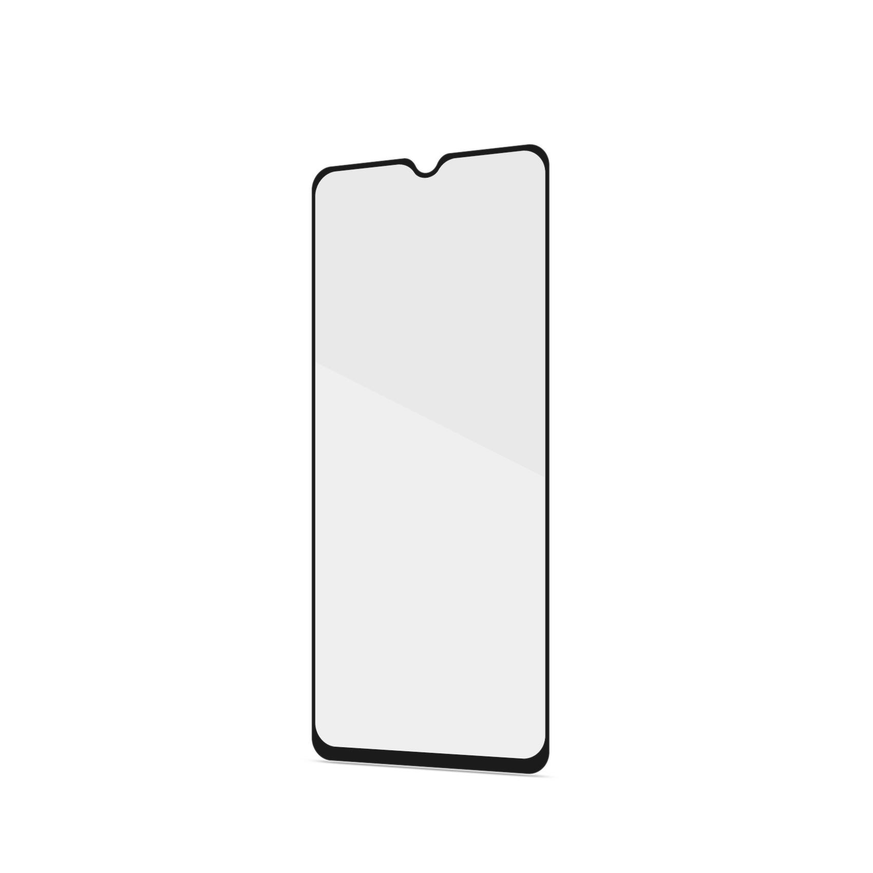 Una protezione per lo schermo del telefono su sfondo bianco. La protezione ha bordi neri e un notch.