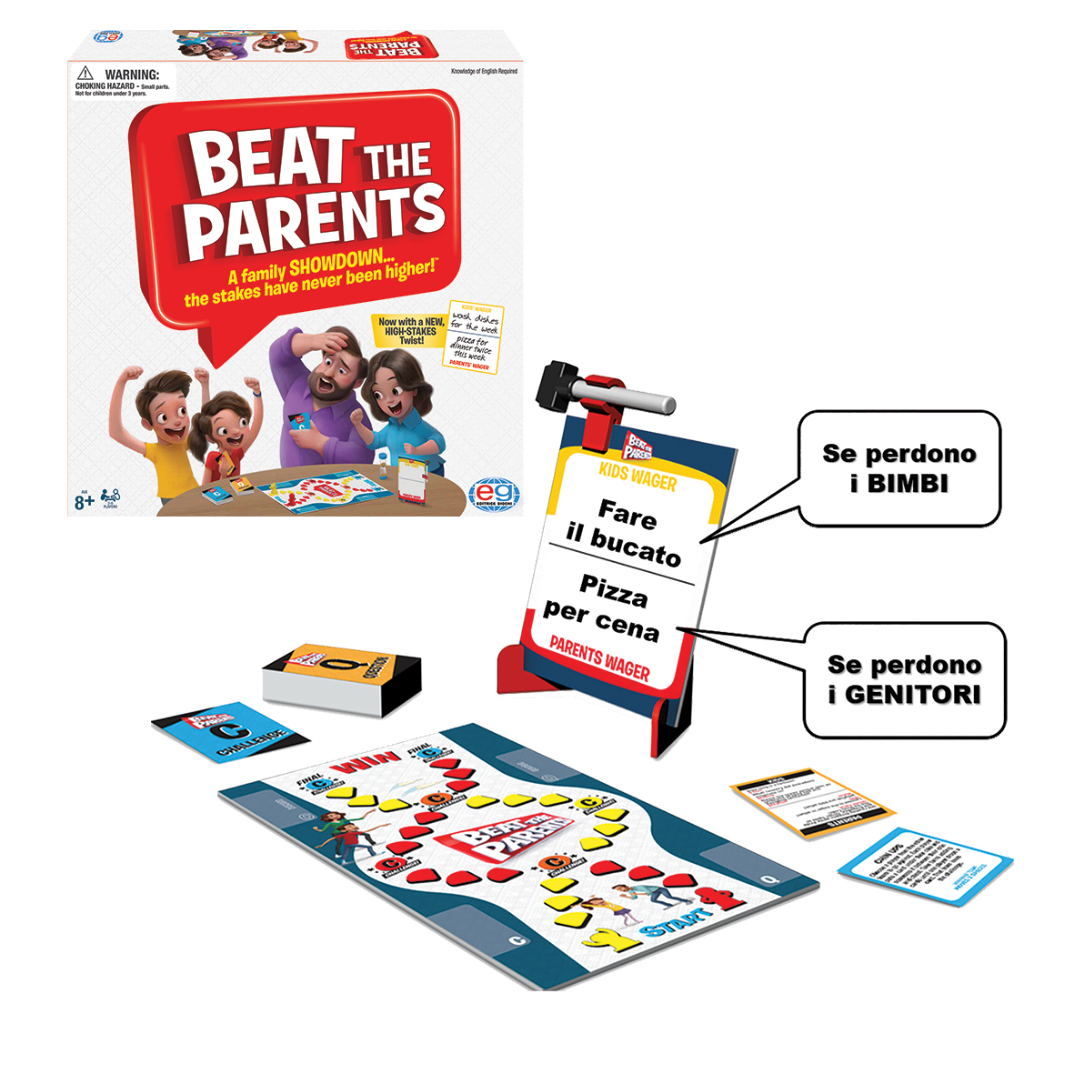 Ein Brettspielkarton mit Spielsteinen, Karten und einem Spielbrett. Text auf der Box: Beat the Parents.