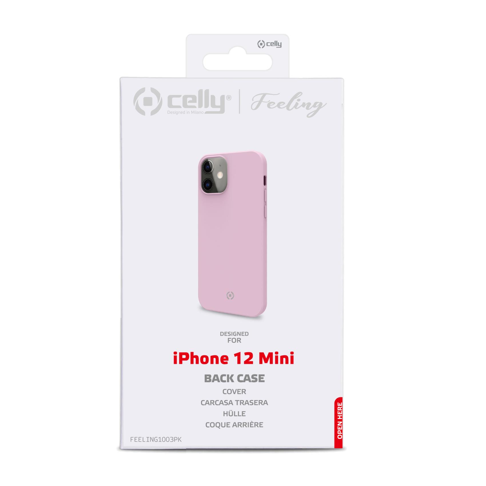Una custodia rosa per telefono in una scatola bianca. La scatola contiene la custodia.