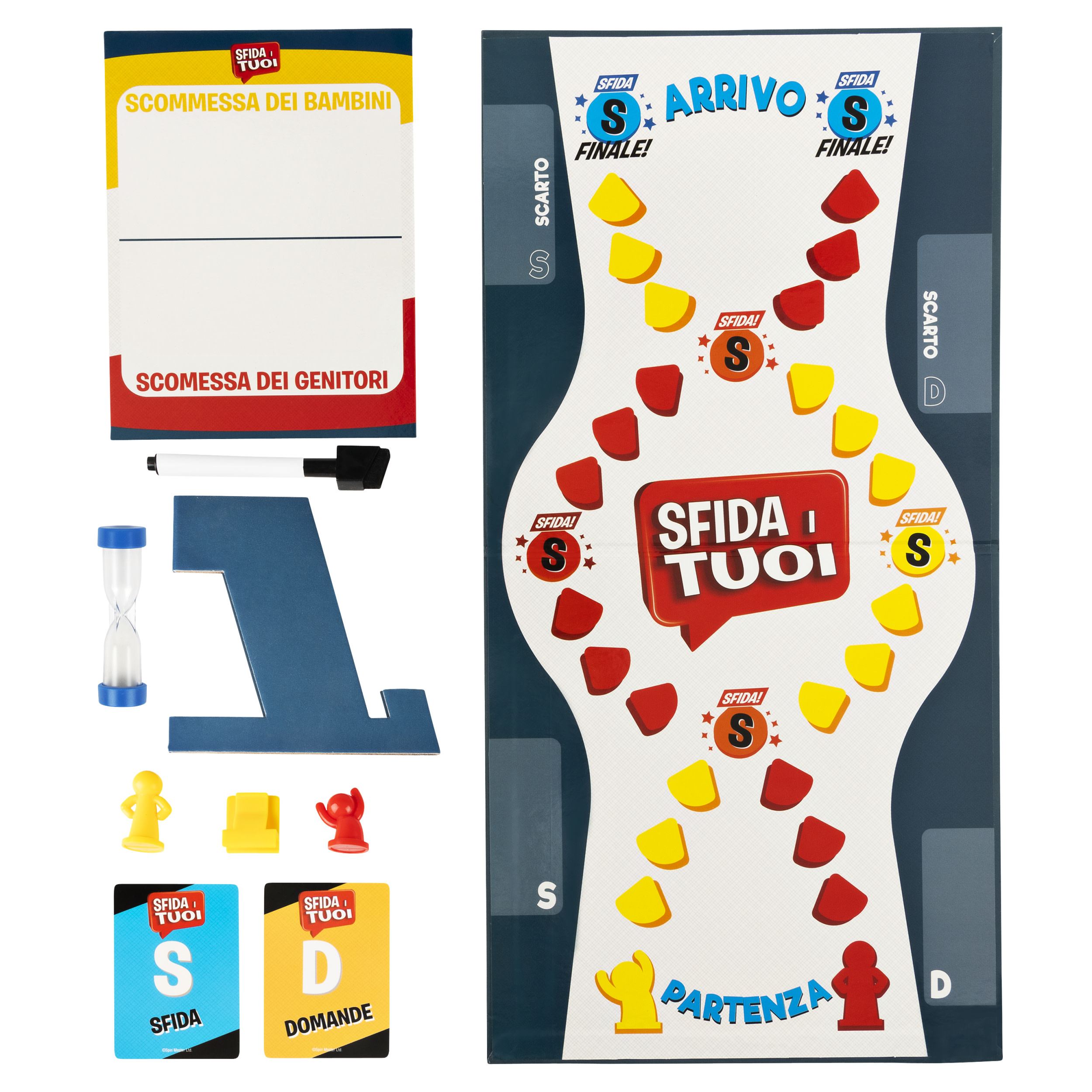 Brettspiel mit farbenfrohem Spielbrett, Karten und Spielsteinen.
