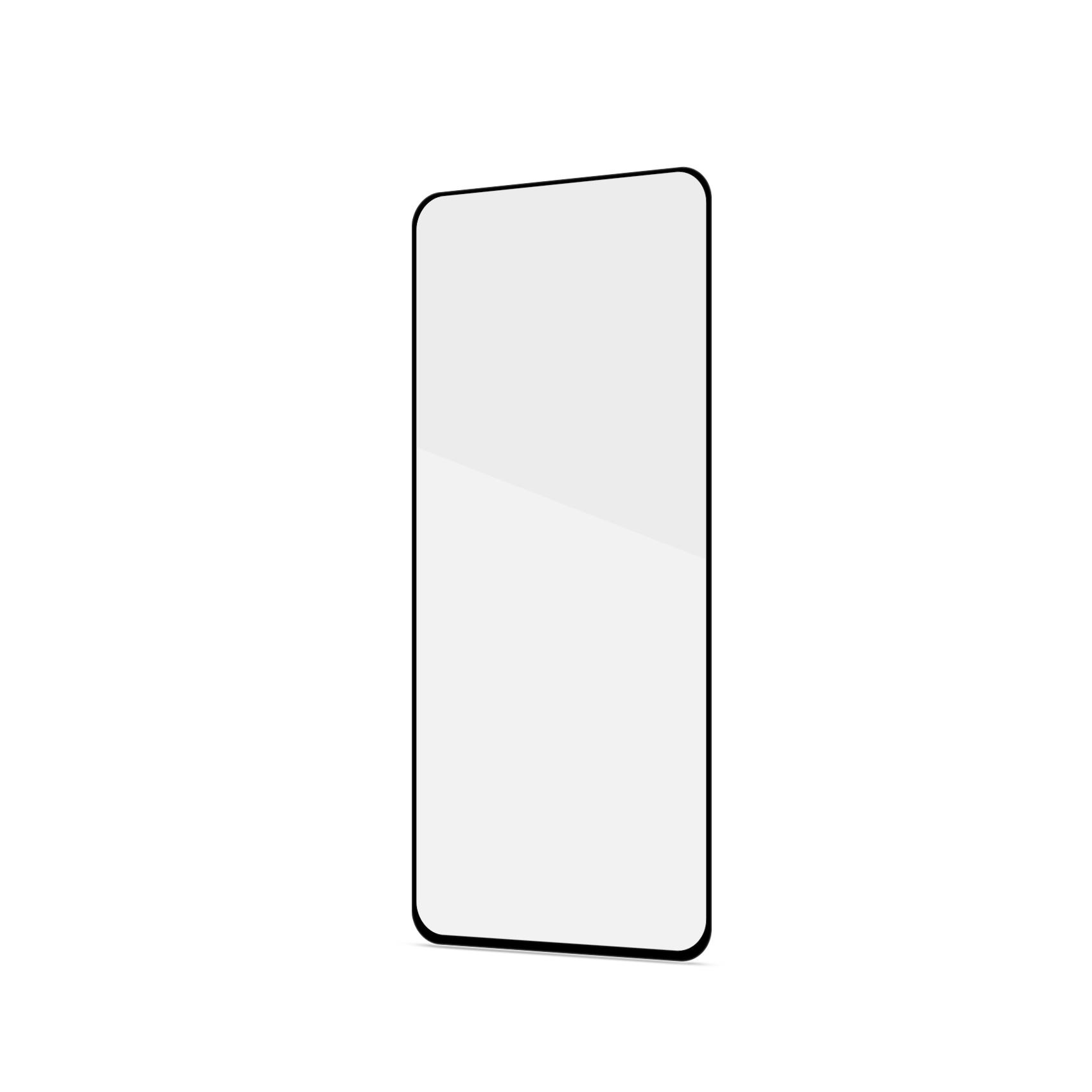Una protezione schermo per un telefono su sfondo bianco. Protettore trasparente e rettangolare.