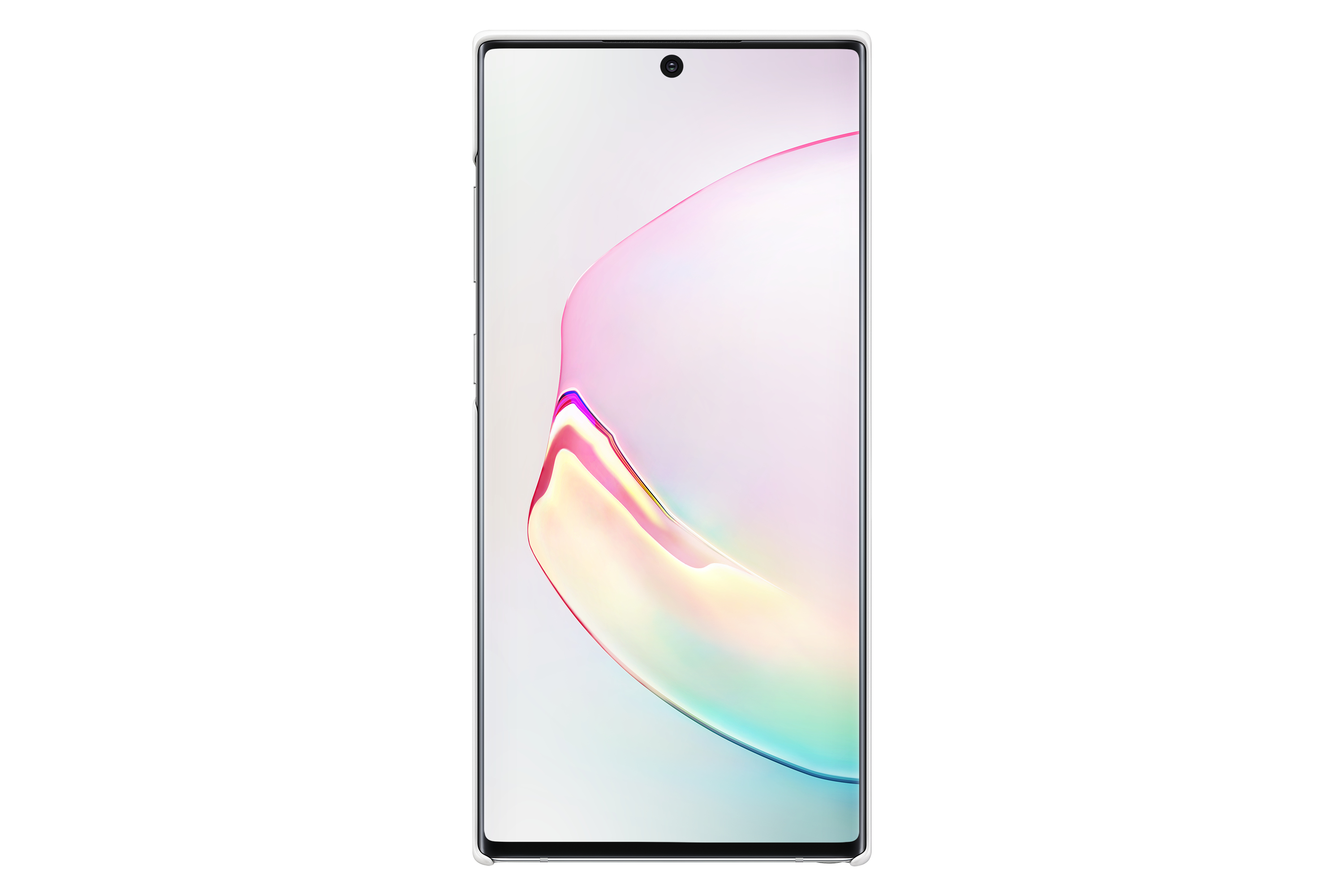 Ein weißes Smartphone mit farbenfrohem Bildschirm, isoliert auf weißem Hintergrund.