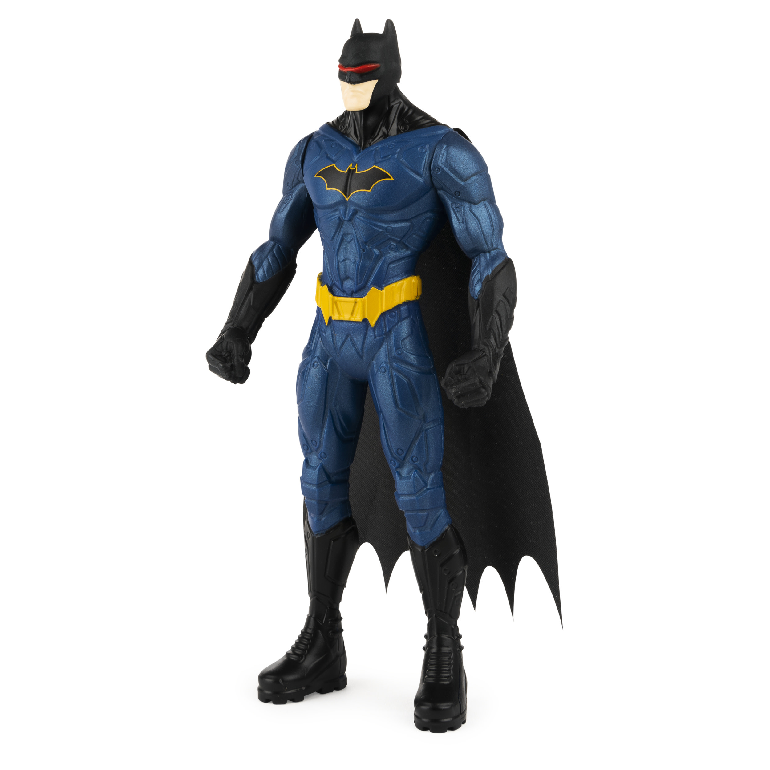 Eine Batman-Actionfigur in einem blau-schwarzen Anzug. Er steht auf weißem Grund.