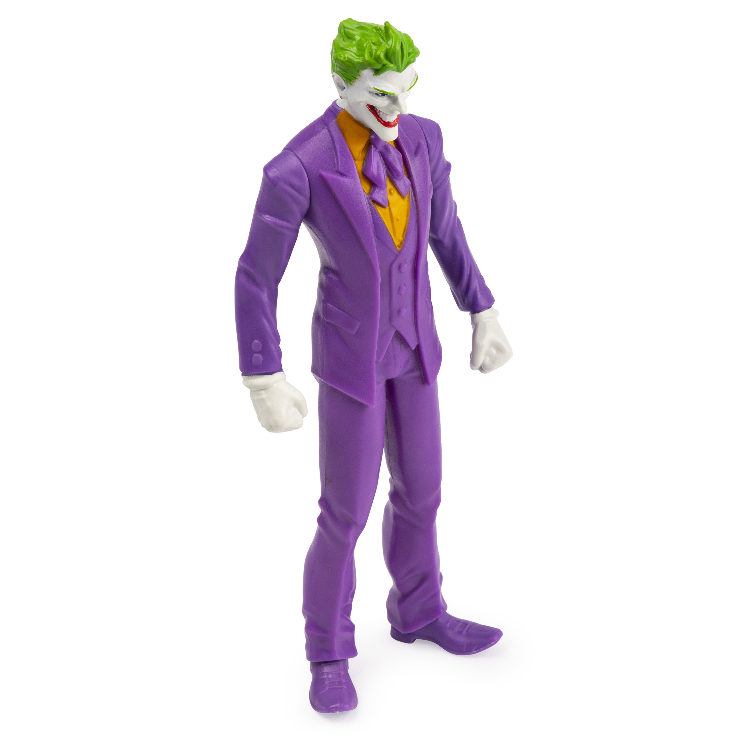 Die Joker-Actionfigur in lila Anzug mit grünen Haaren, lächelnd.