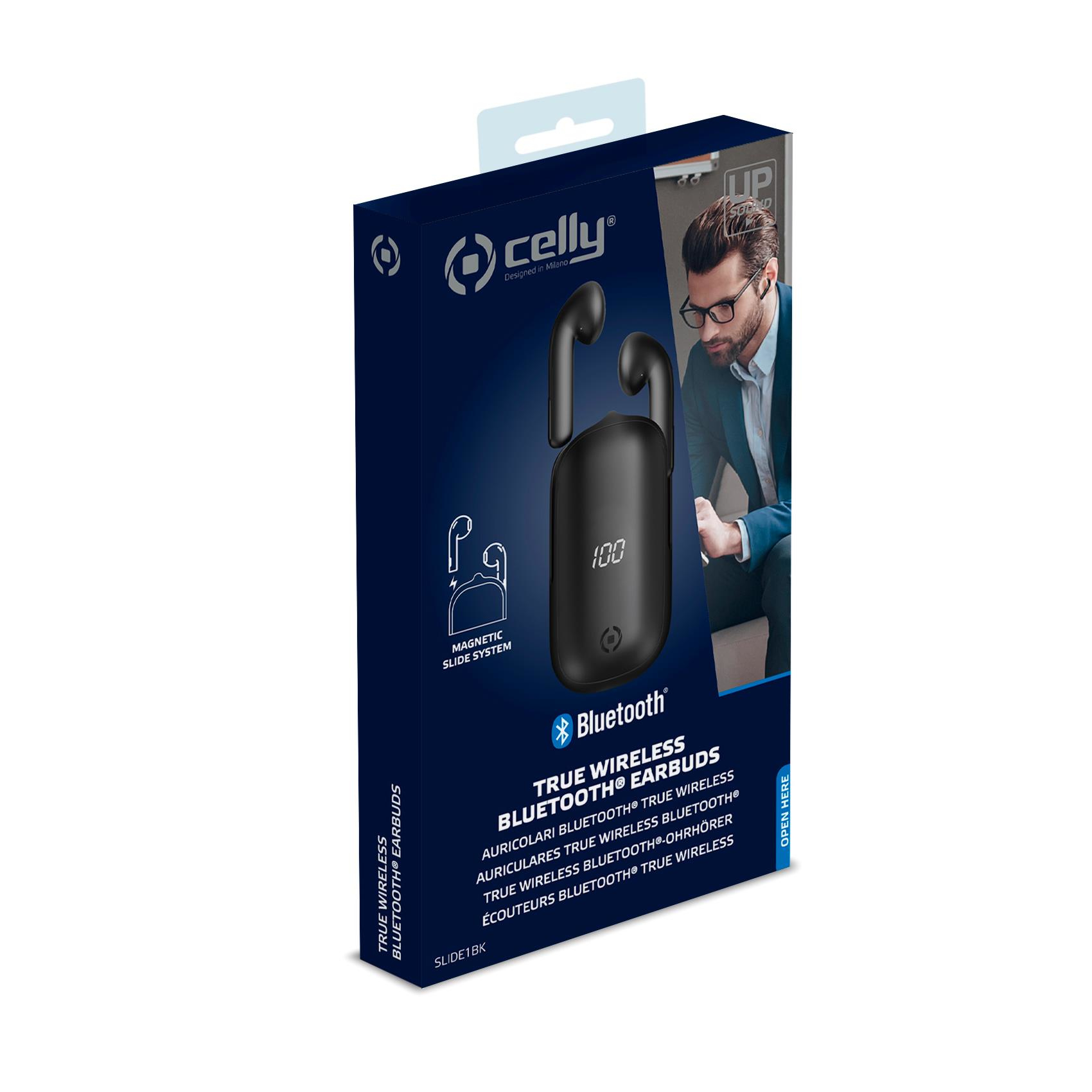 Schachtel mit schwarzen Celly-Ohrhörern, ein Mann trägt die Ohrhörer auf der Schachtel.