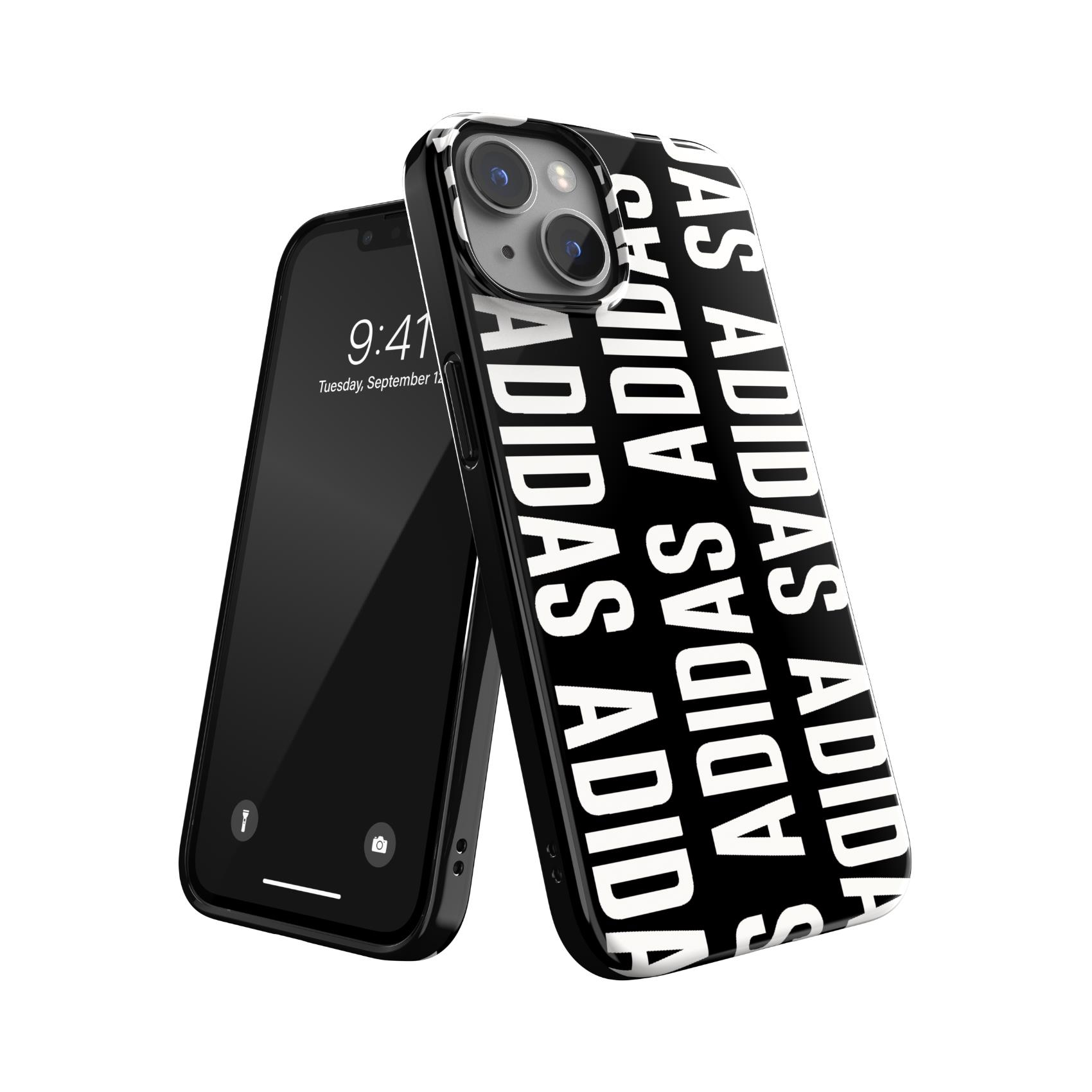 iPhone nero con custodia Adidas, logo Adidas bianco. Un altro telefono nero a sinistra.