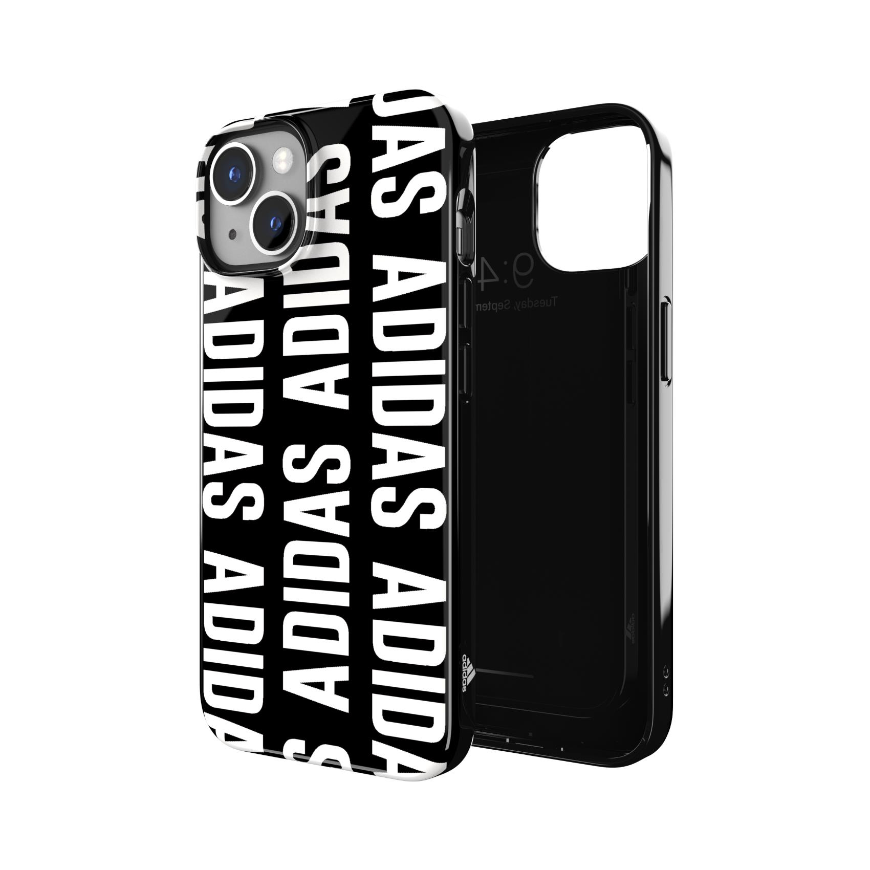 iPhone nero con logo Adidas bianco. Accanto a iPhone nero, sfondo bianco.