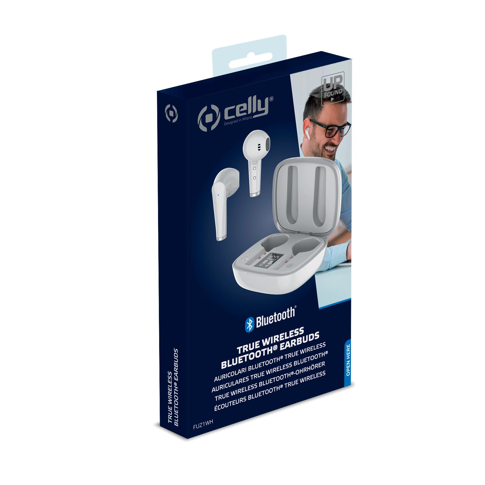 Weiße Box mit einem Bild von Kopfhörern. Auf der Box steht "TRUE WIRELESS BLUETOOTH EARBUDS".