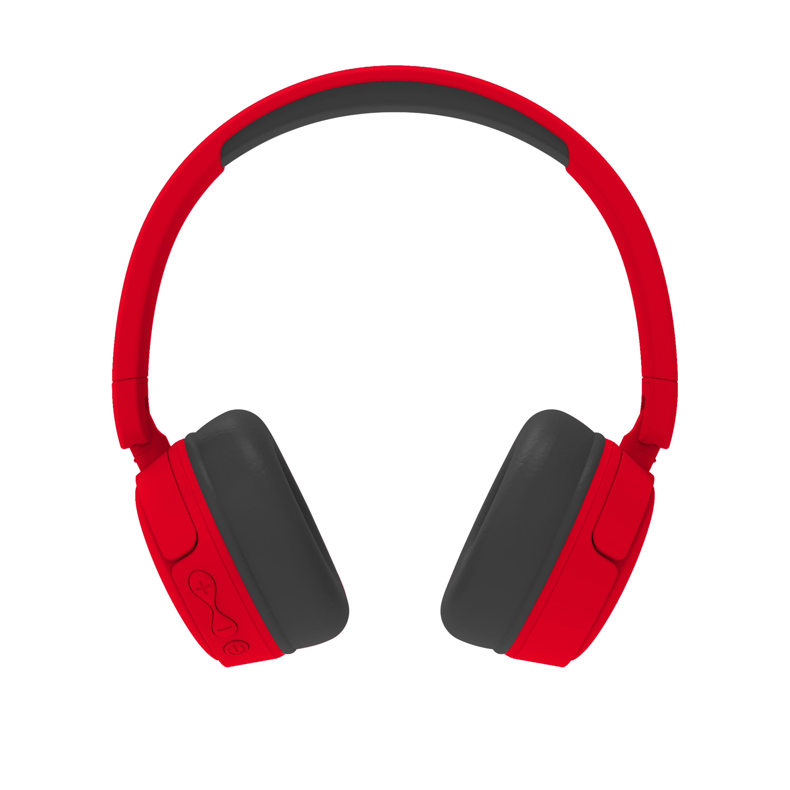 Czerwone słuchawki z czarnymi nausznicami. Białe tło. Słuchawki są w stylu nausznym.