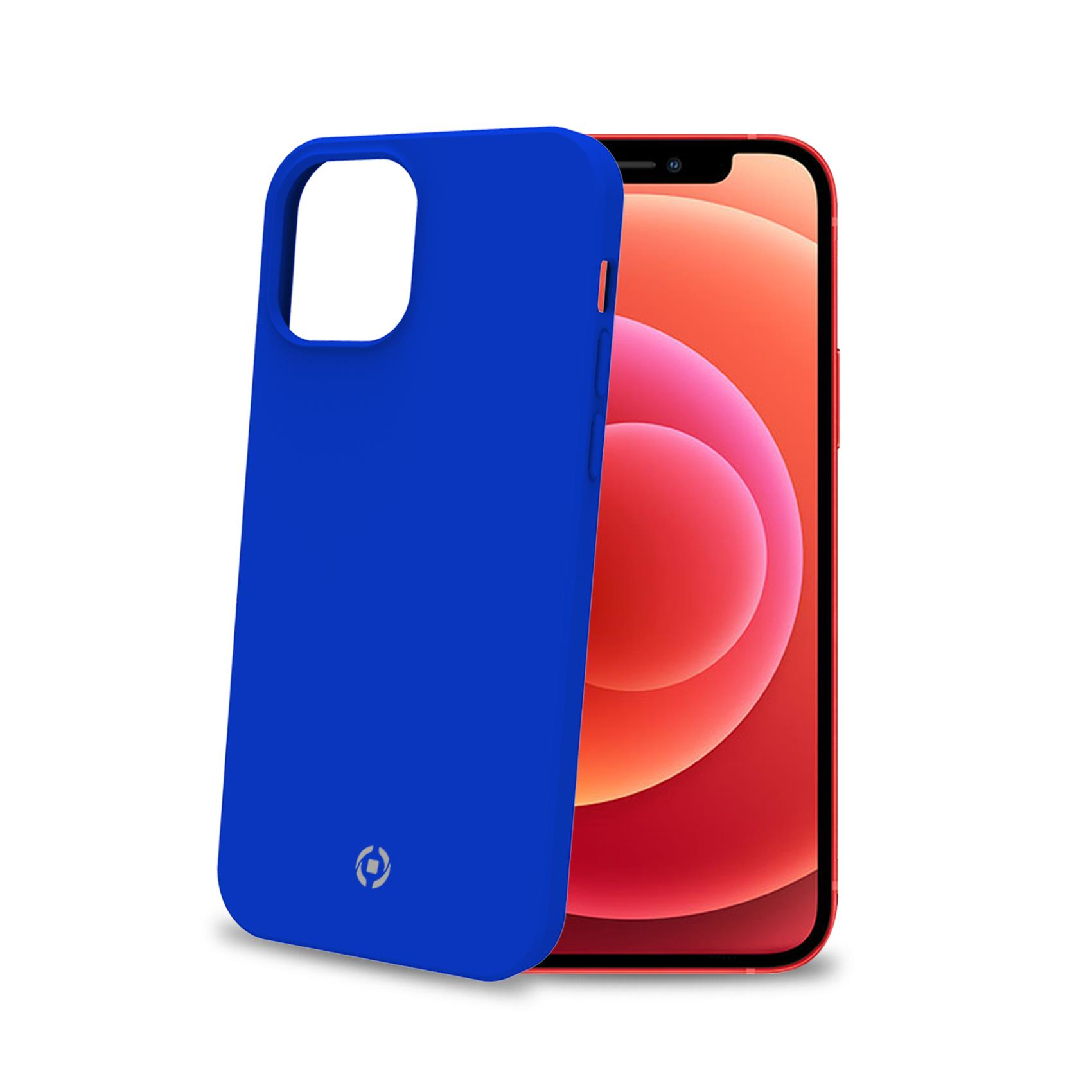 Custodia blu per telefono. La custodia è blu, con ritaglio per la fotocamera, su un telefono con schermo rosso.