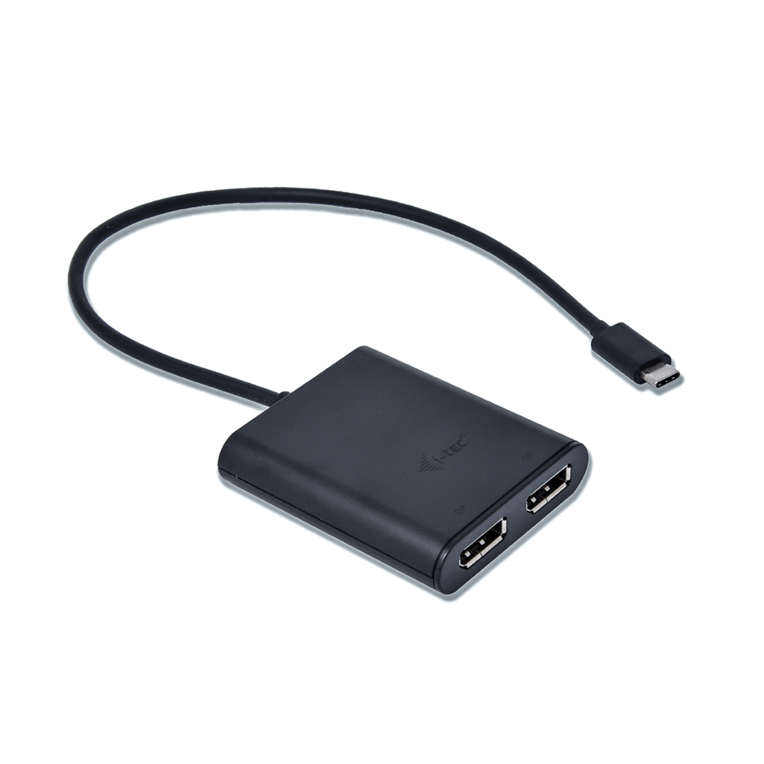 Hub USB-C nero con due porte DP e un cavo nero che si estende dall'hub.
