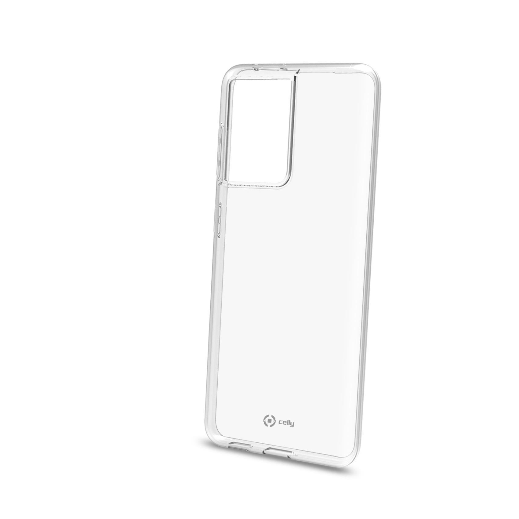 Custodia trasparente per telefono, con ritaglio rettangolare per la fotocamera e logo su sfondo bianco.