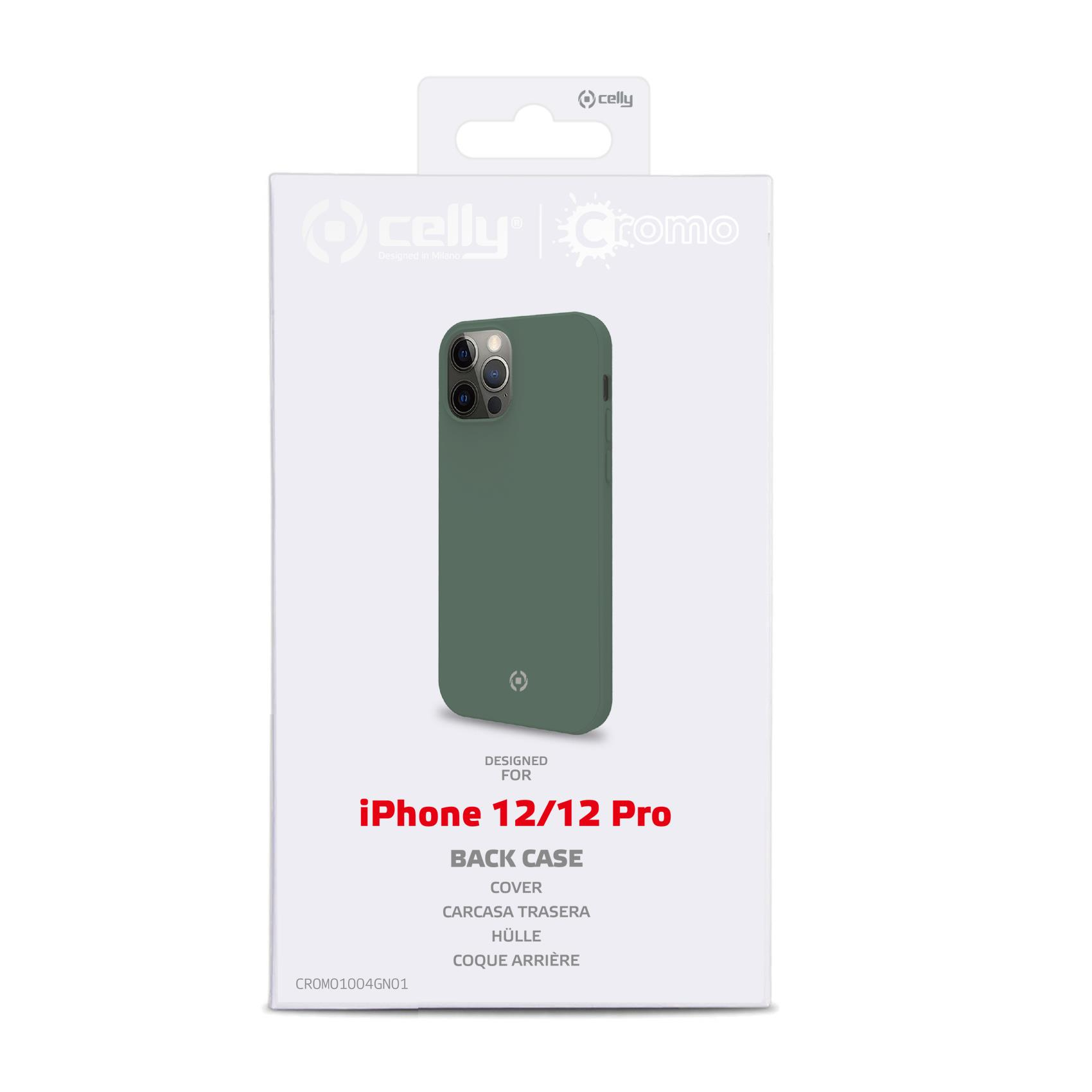 Una scatola bianca con una custodia verde per telefono all'interno. La scatola dice 'Designed for iPhone 12/12 Pro'.