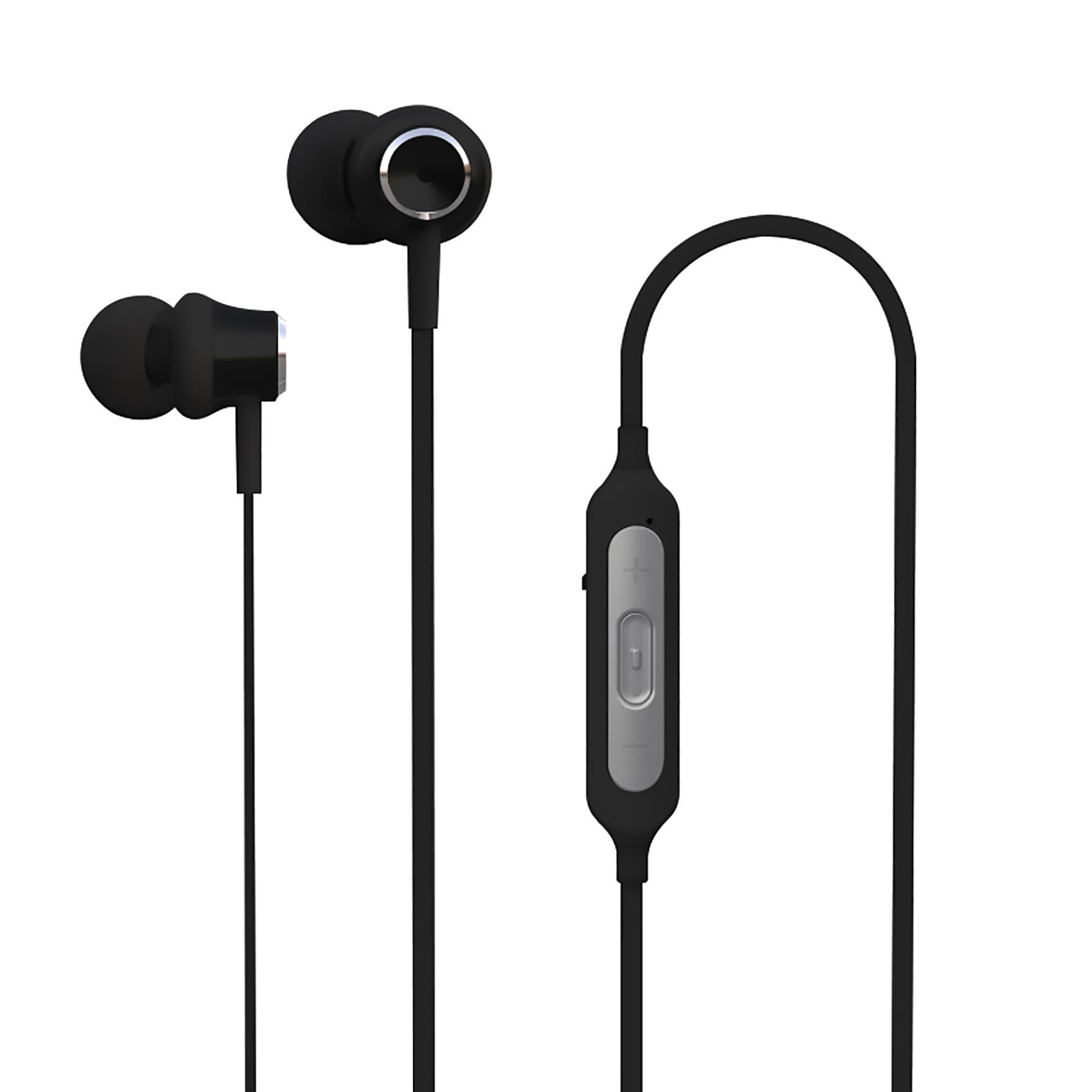 Auricolari neri con controllo e microfono. Design elegante e semplice.