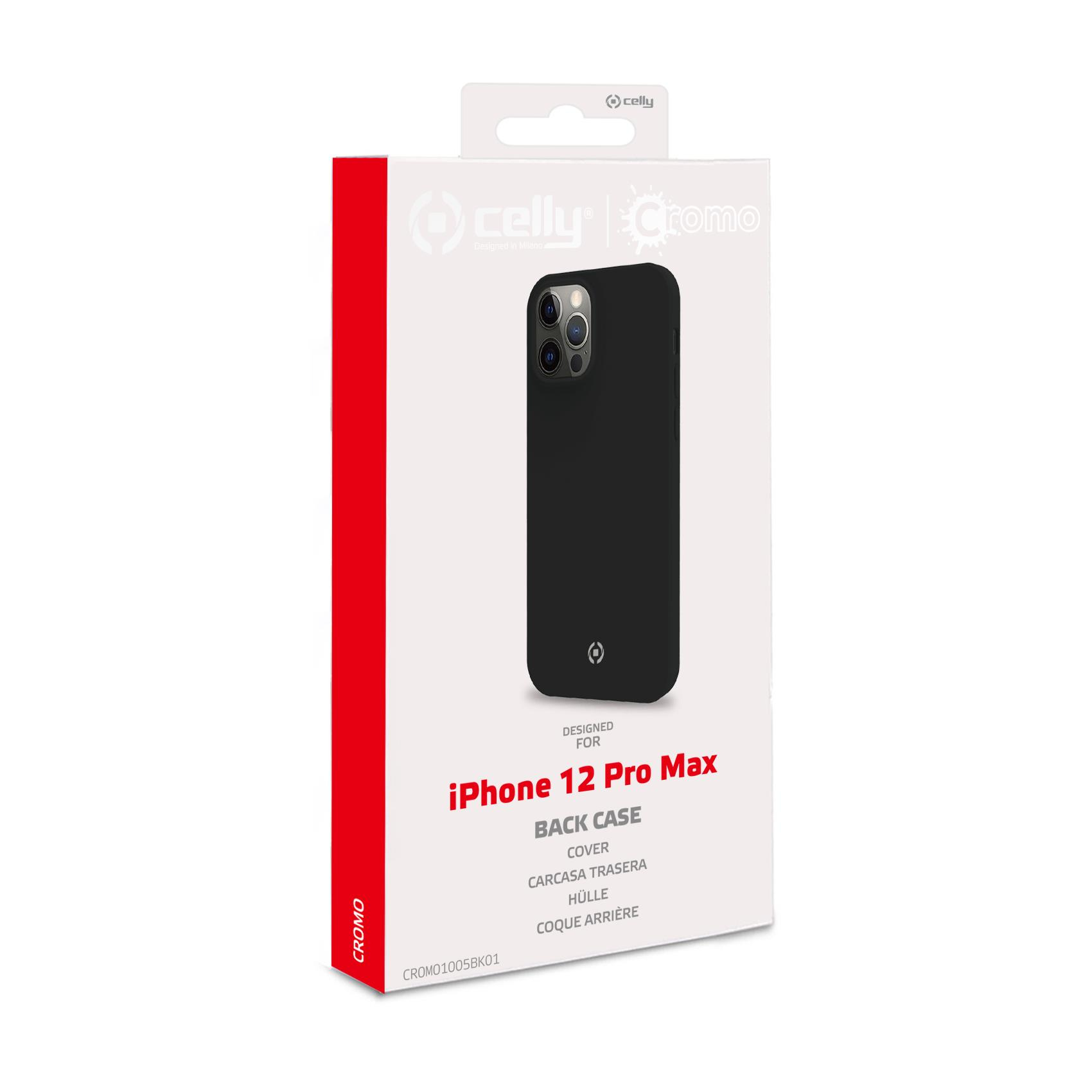Custodia nera iPhone 12 Pro Max su confezione bianca, sfondo bianco.
