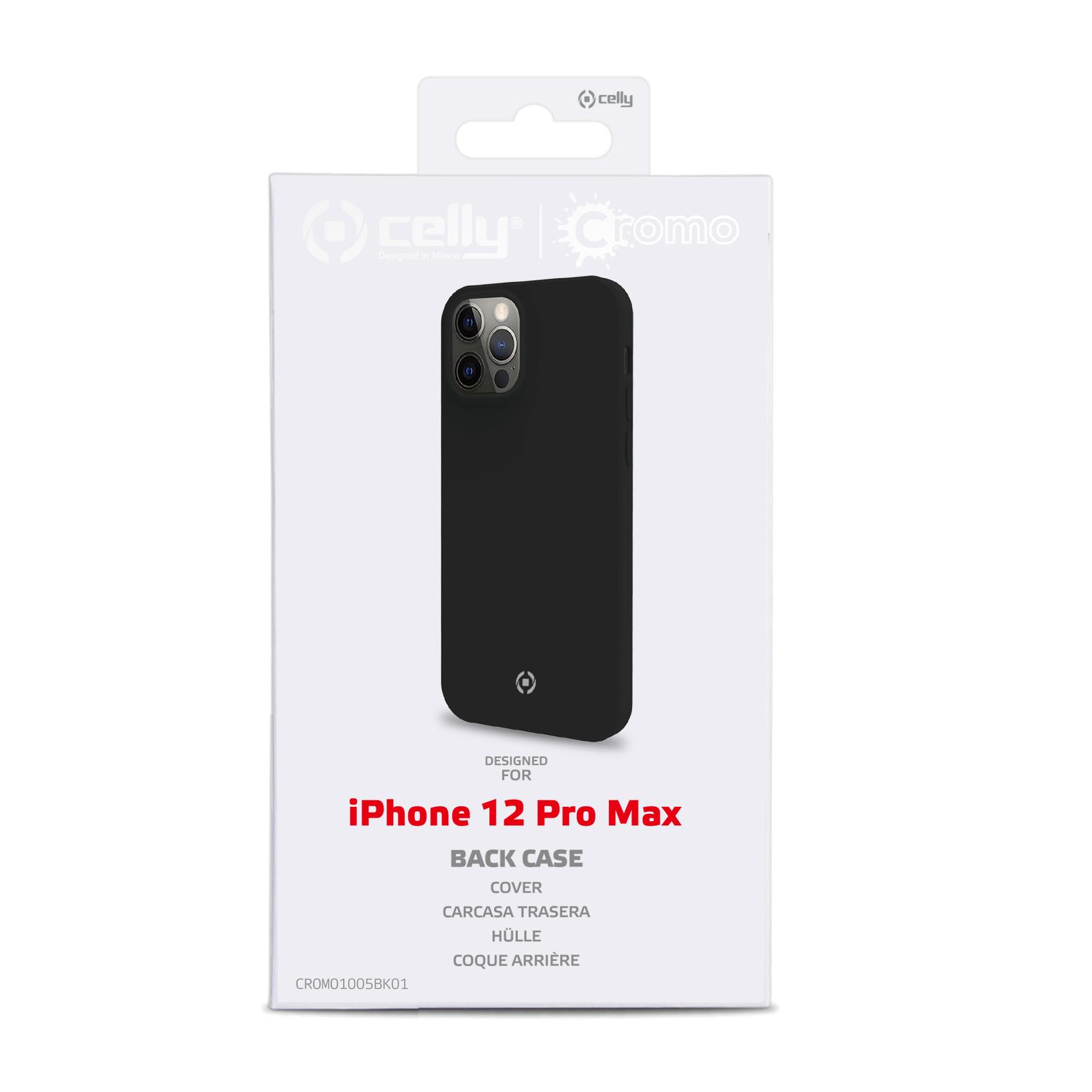 Custodia posteriore per iPhone 12 Pro Max in una scatola, colore nero, marchio Celly, su sfondo bianco.
