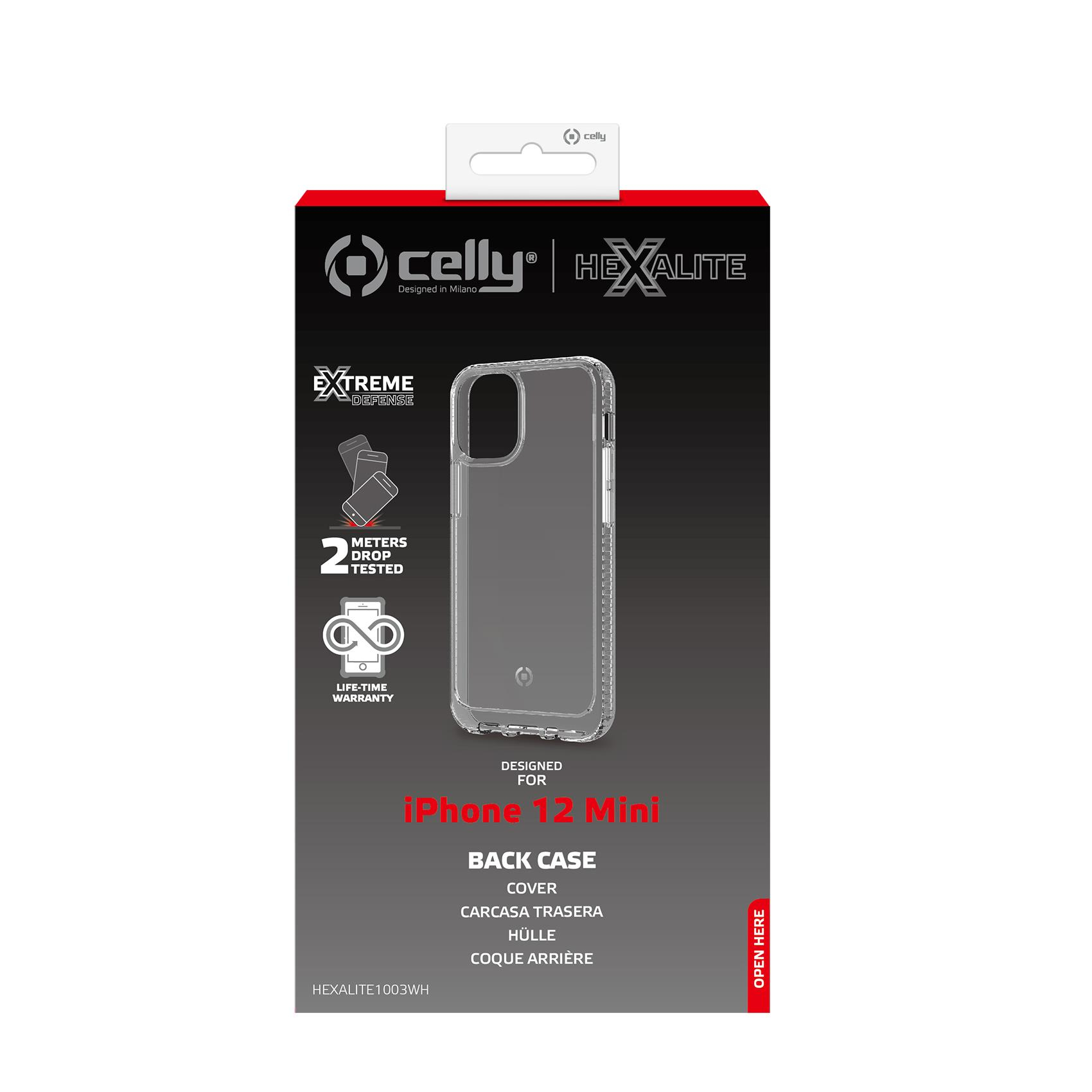 Confezione custodia posteriore iPhone 12 Mini con custodia trasparente, sfondo bianco.