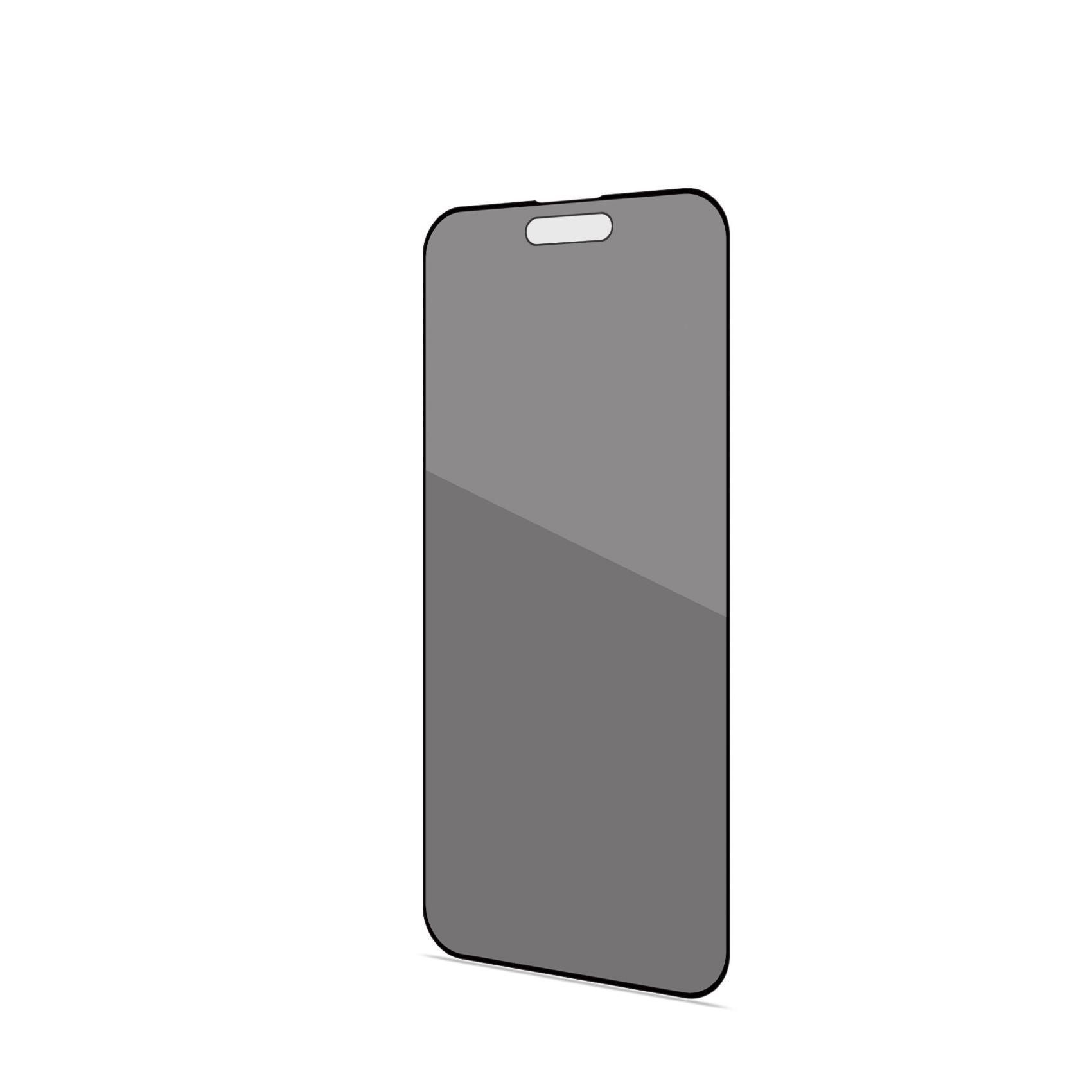 Un proteggi schermo grigio scuro per un telefono, angolato, con sfondo bianco.