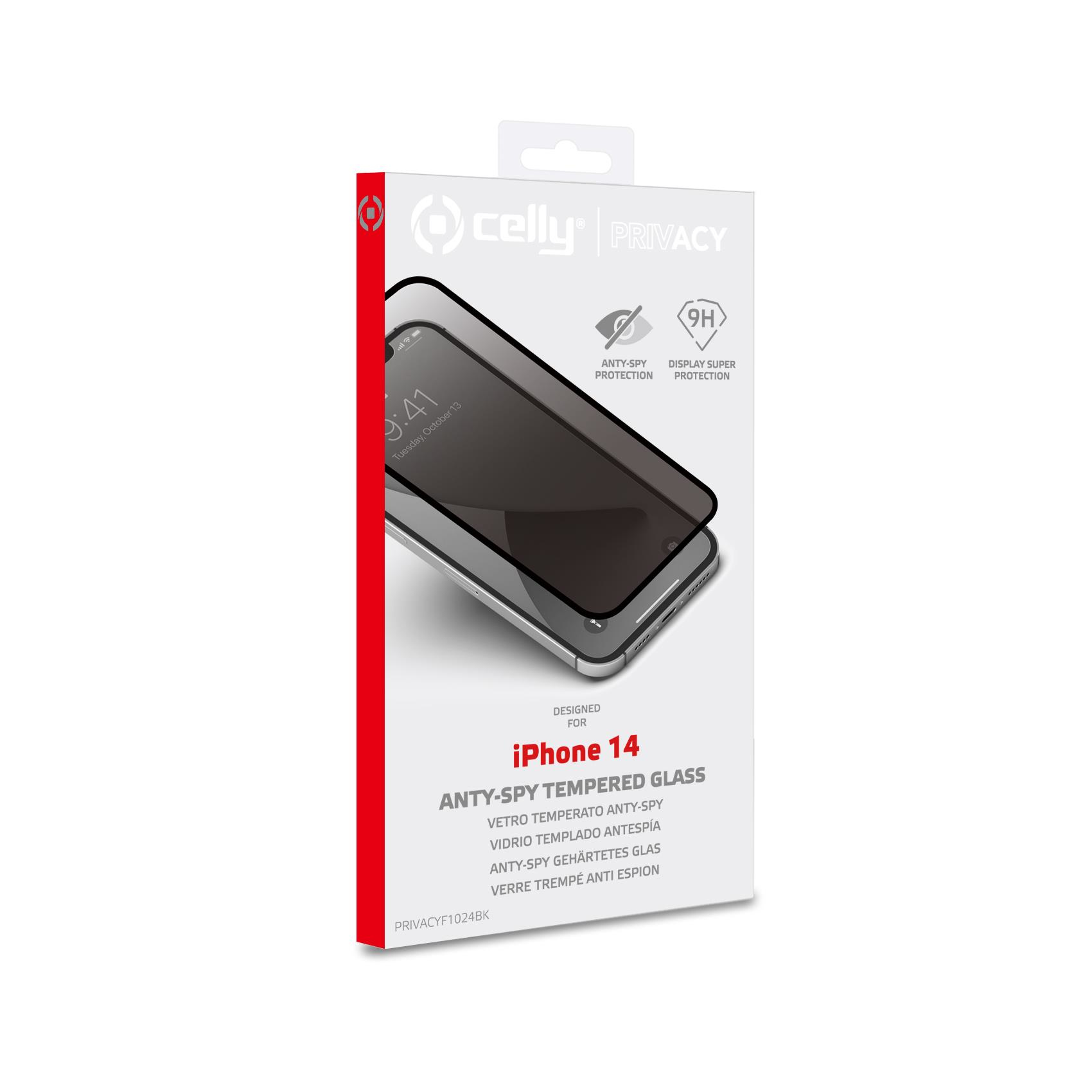 Proteggi schermo in vetro temperato anti-spia per iPhone 14. Confezionato. Bianco.