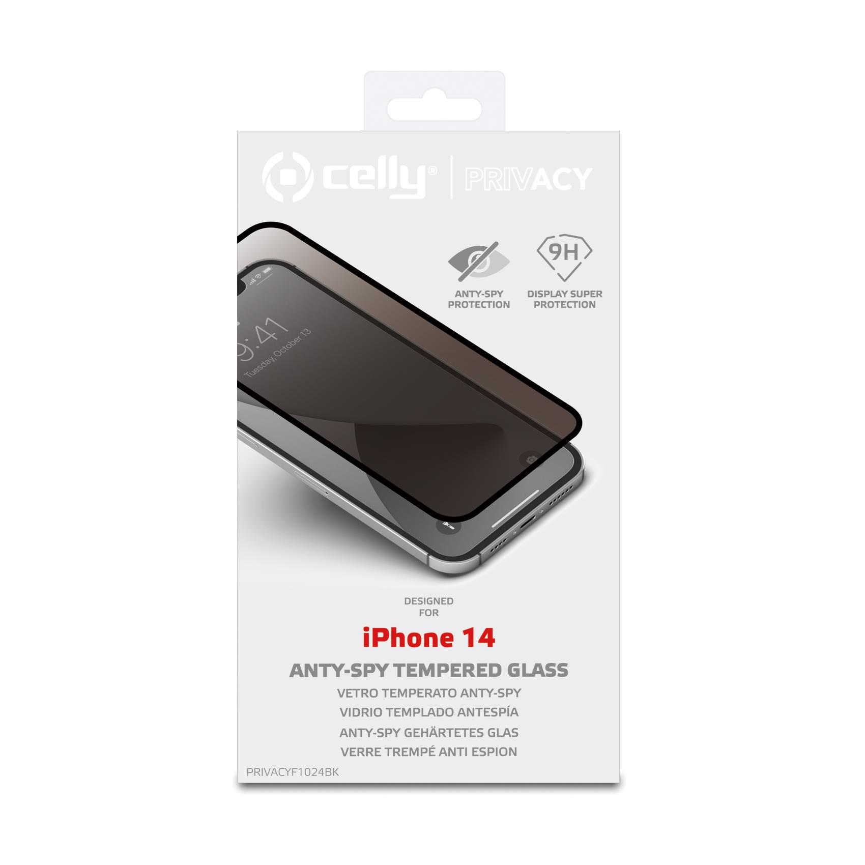 Scatola con protezione schermo privacy per iPhone 14.